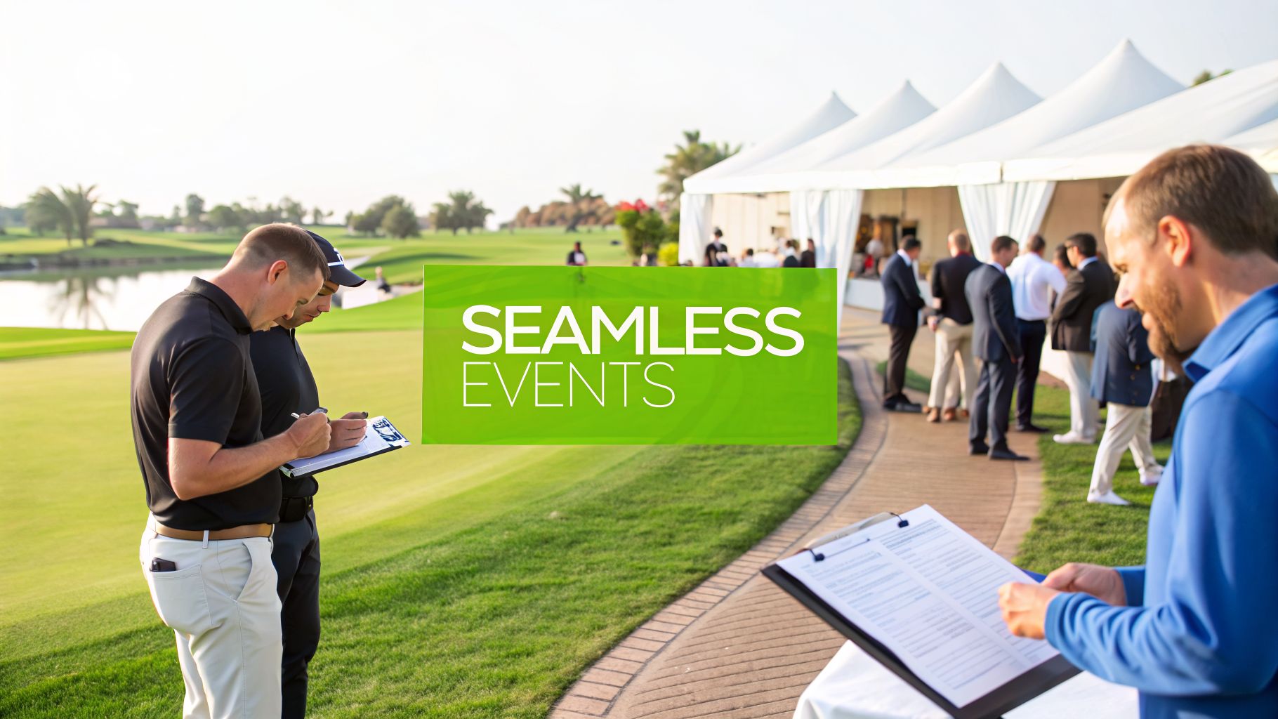 Professionals at a golf course event reviewing documents, with white tents and other attendees in the background.