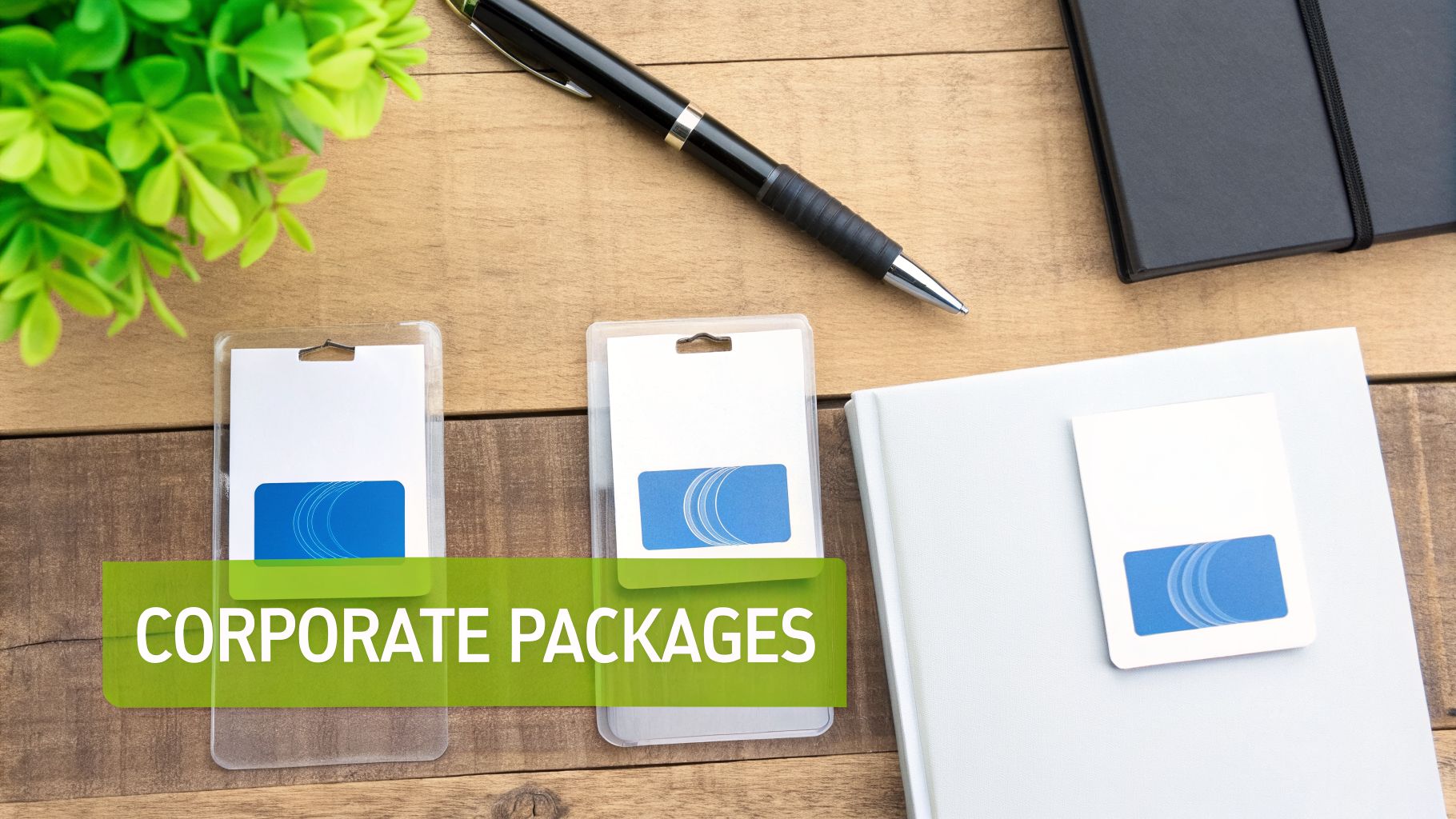 Overhead view of a wooden desk with office supplies, ID badges, and a "CORPORATE PACKAGES" banner.