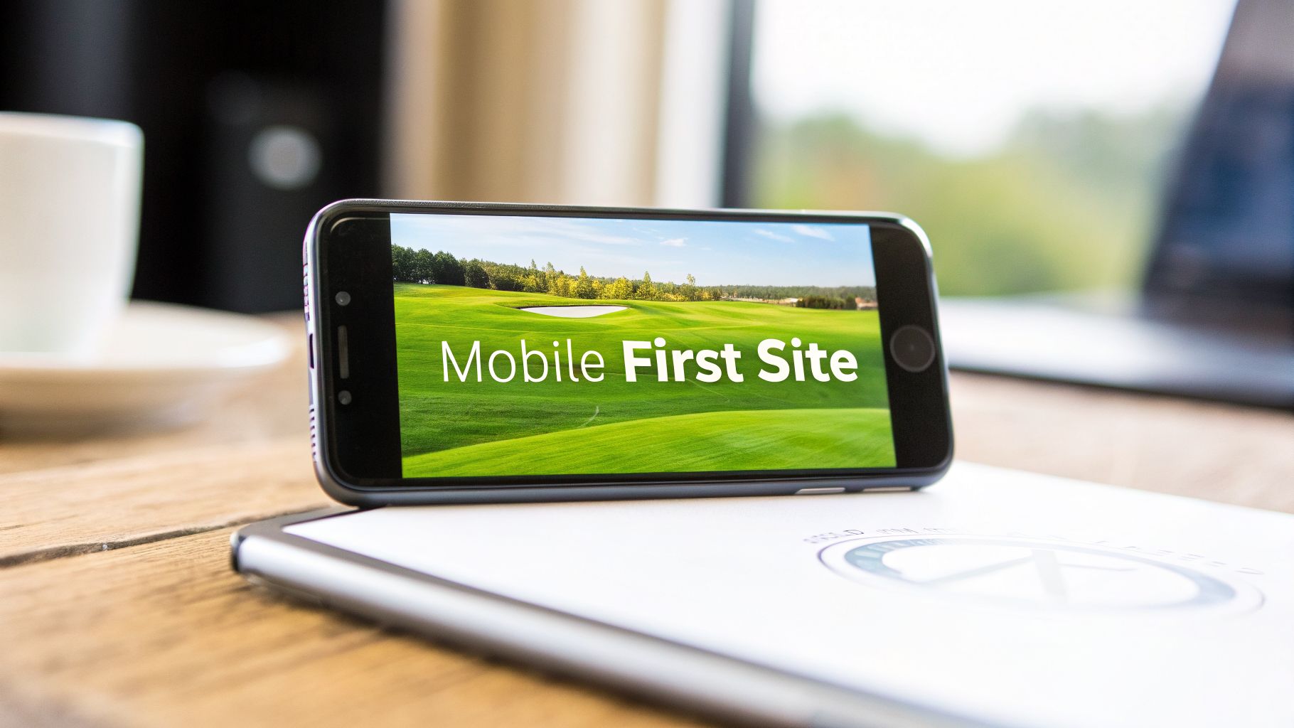 A smartphone displaying 'Mobile First Site' text on a golf course background, on a wooden desk.
