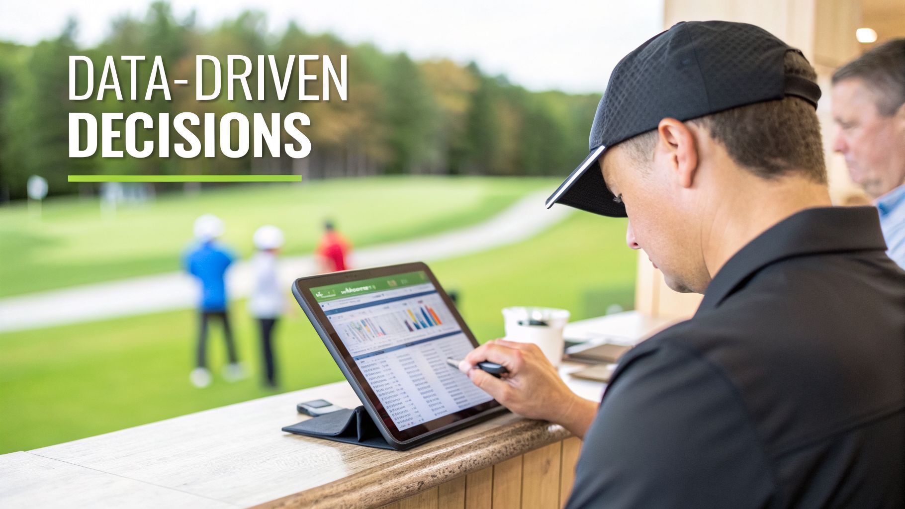 Man analyzing data on a tablet at a golf course, making data-driven decisions for business.