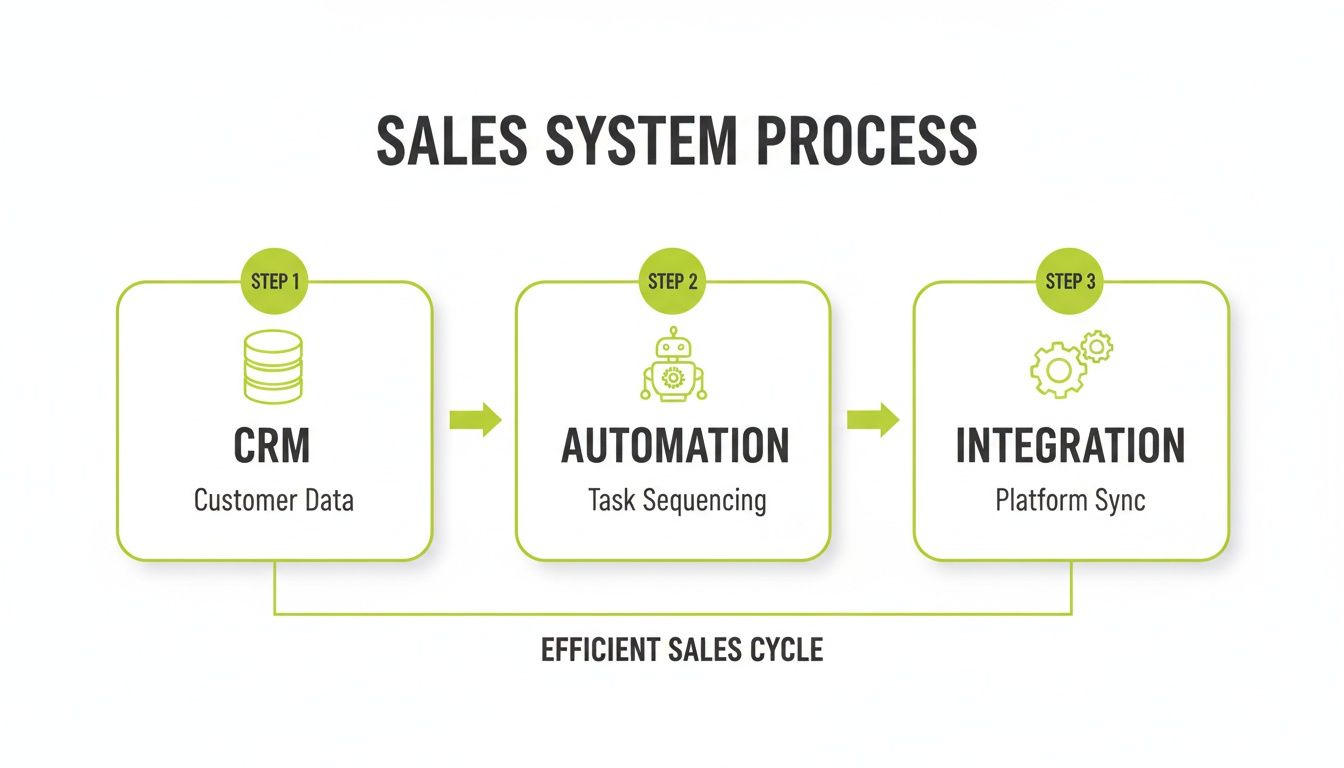 Diagram illustrating a three-step sales system process: CRM, Automation, and Integration for an efficient sales cycle.