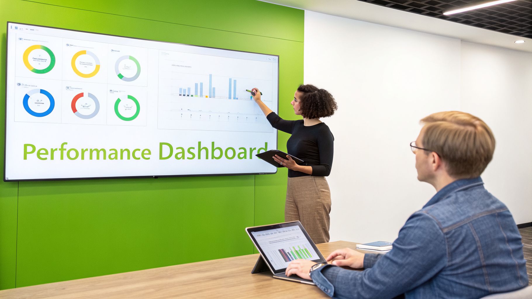A woman presents a digital performance dashboard on a large screen to a colleague in a modern office.