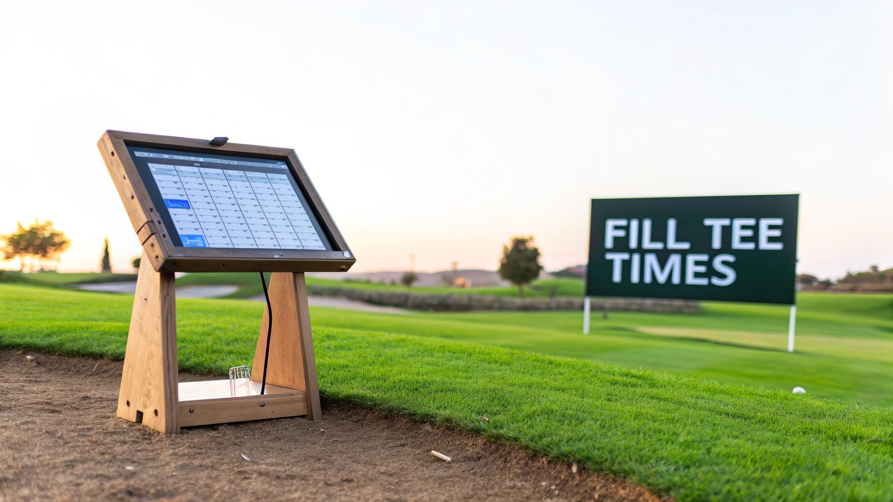A digital touchscreen kiosk displaying golf tee times on a sunny golf course, next to a "FILL TEE TIMES" sign.