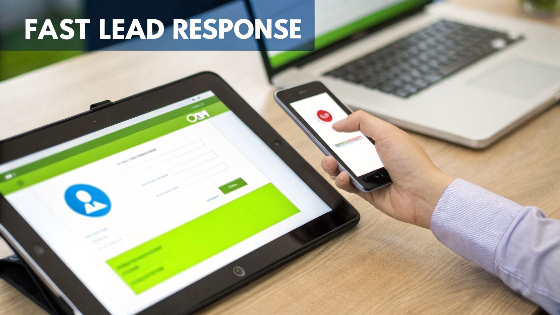 A person's hand interacts with a smartphone while a tablet and laptop are on a wooden desk, emphasizing fast lead response.