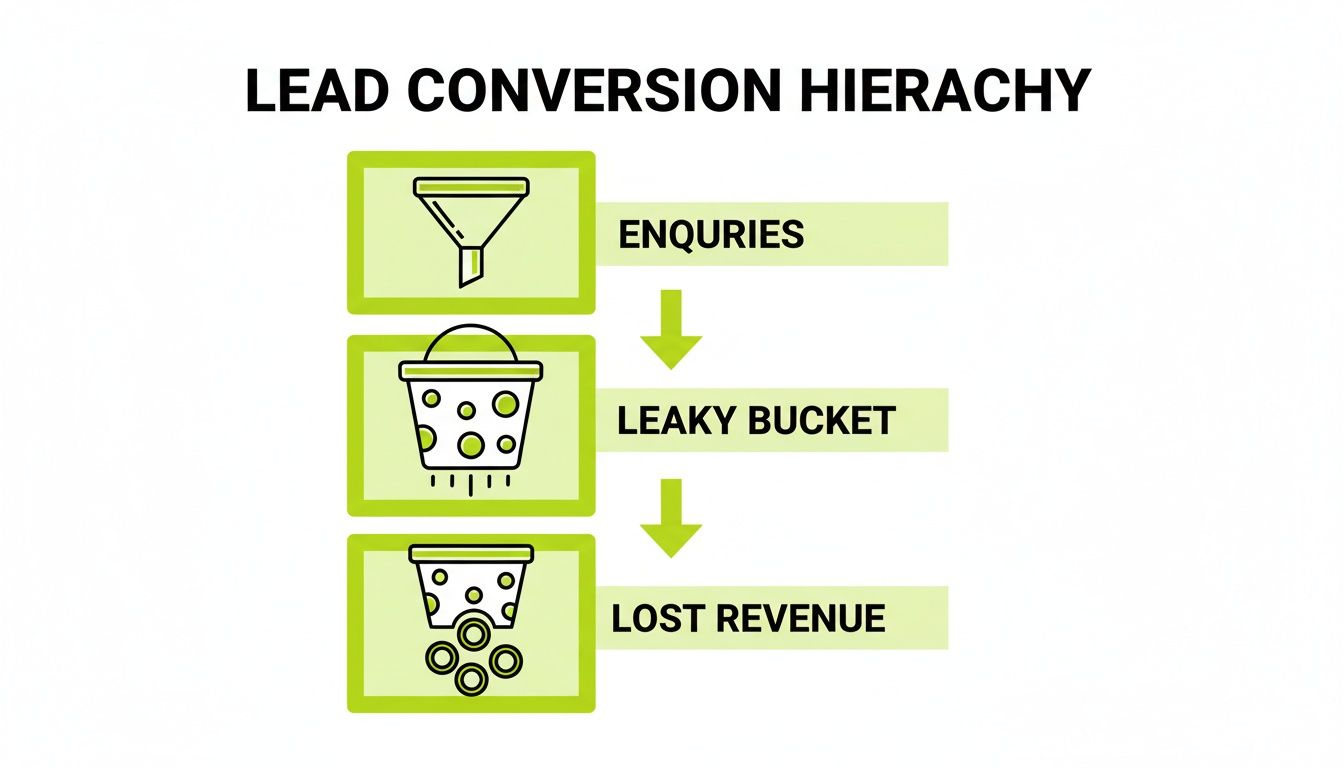 Infographic explaining lead conversion hierarchy from enquiries through a leaky bucket to lost revenue.