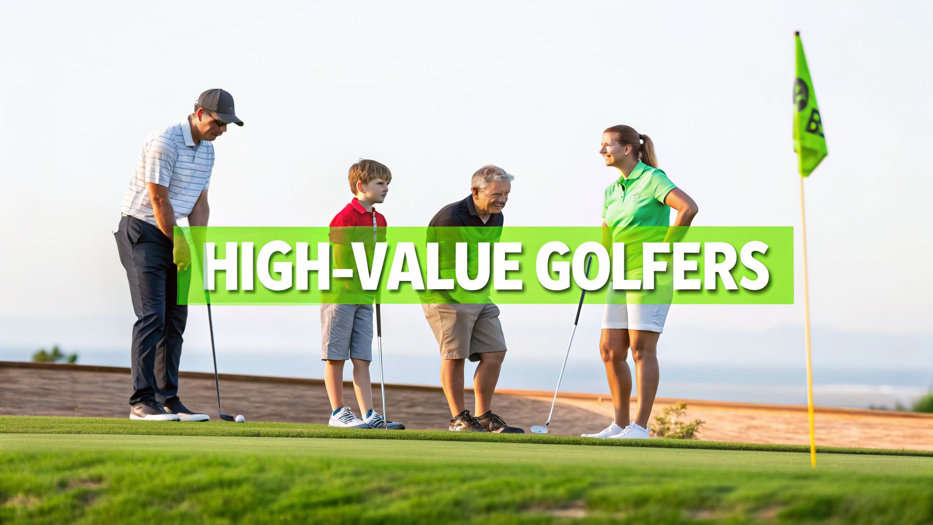 Four golfers, including a child and an elderly man, on a sunny golf course.