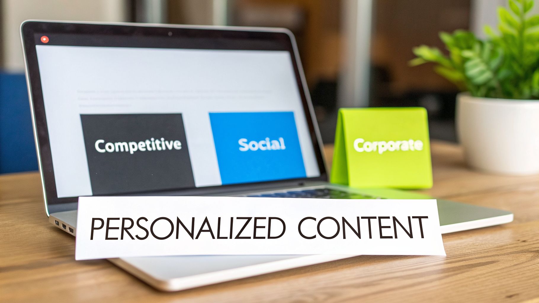 Laptop displaying 'Competitive' and 'Social' content, with a 'Corporate' sign and 'Personalized Content' text.