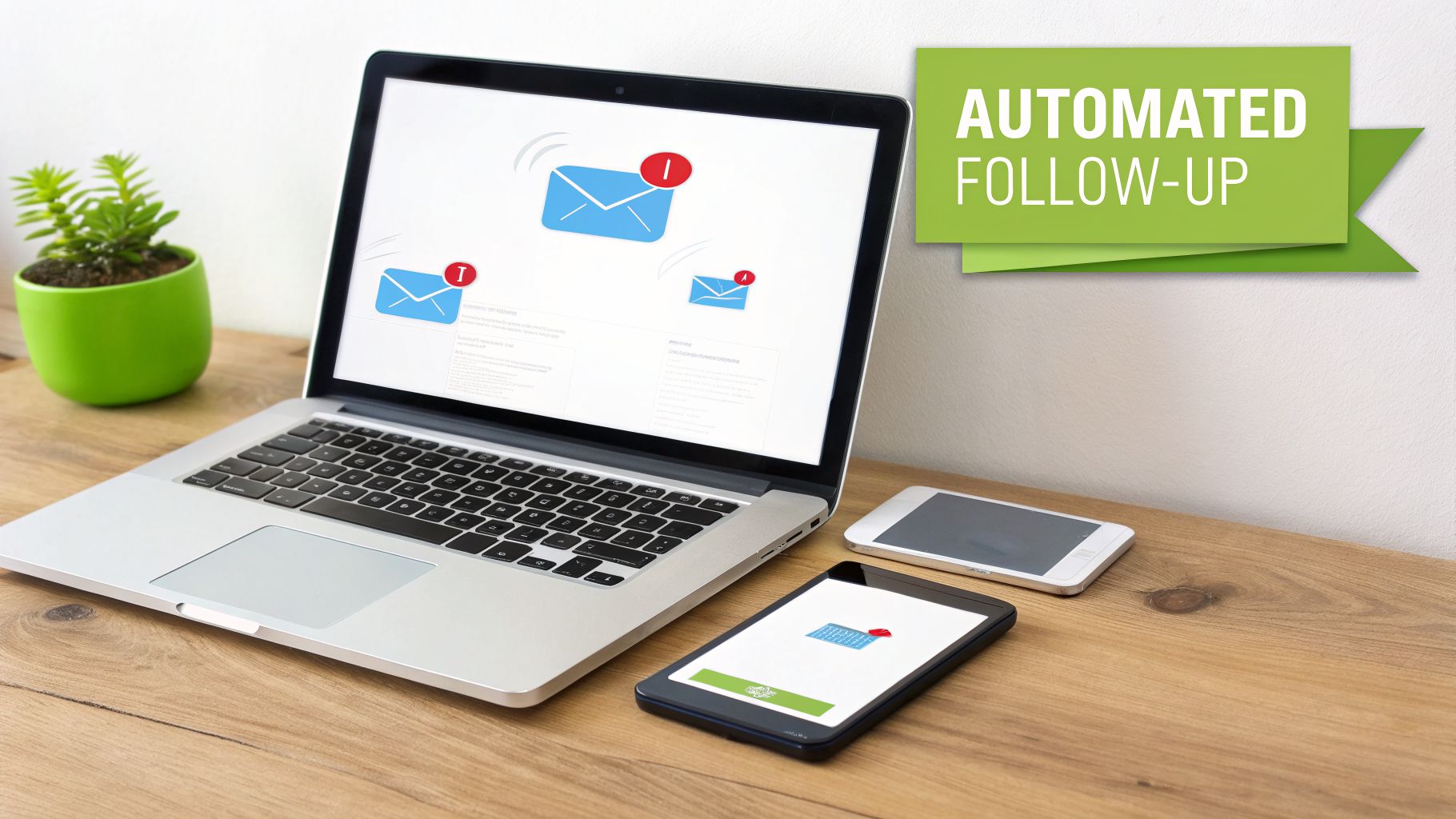 Laptop, smartphone, and tablet displaying email notifications for automated follow-up campaigns.