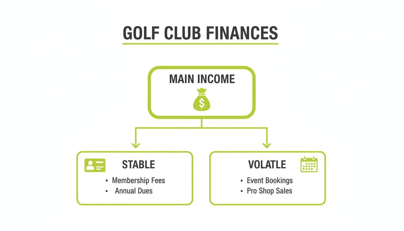 A flowchart detailing golf club finances, categorizing main income into stable and volatile sources.