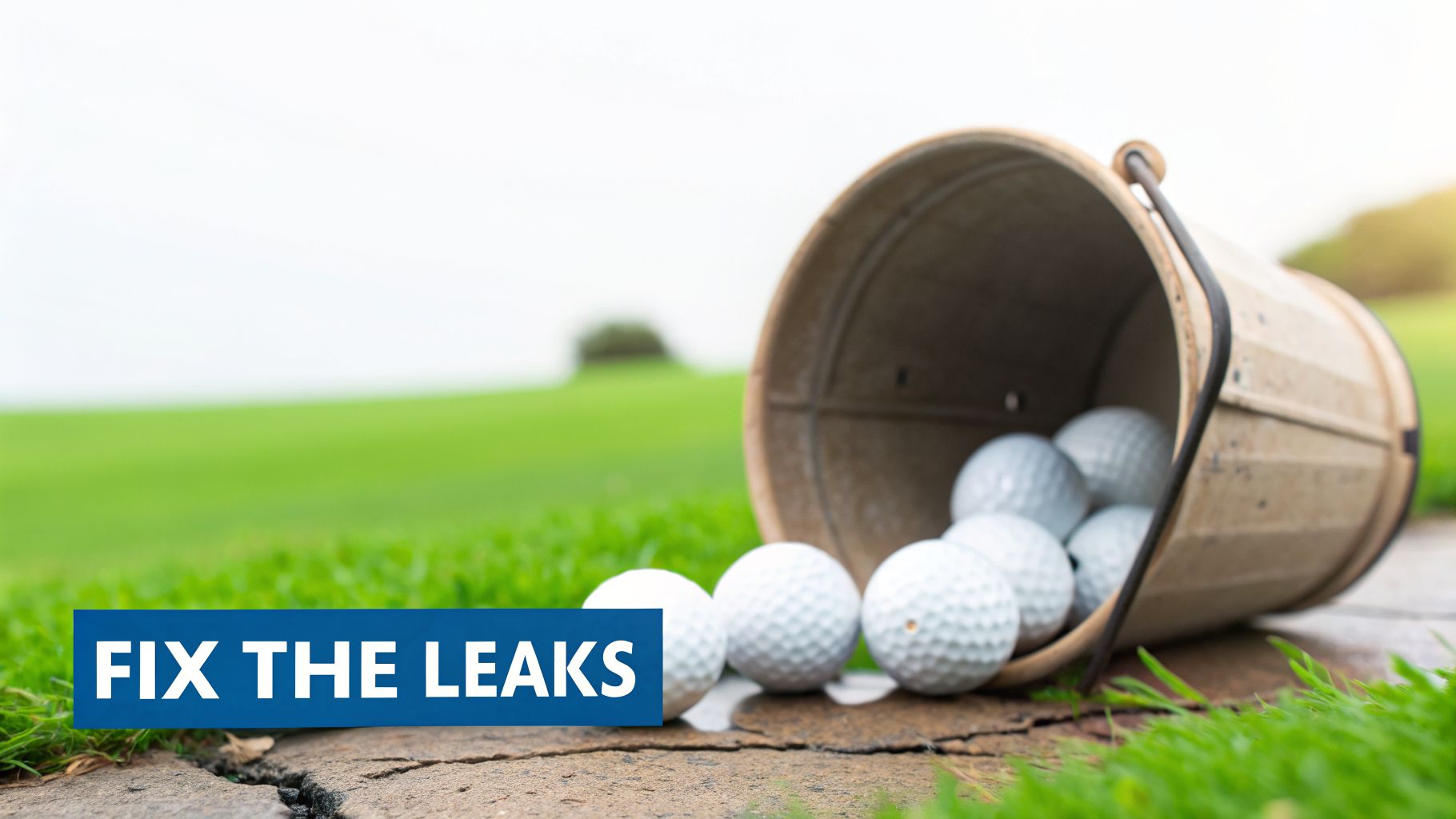 Golf balls spill from a tipped bucket onto a cracked path, with 'FIX THE LEAKS' text on a golf course.