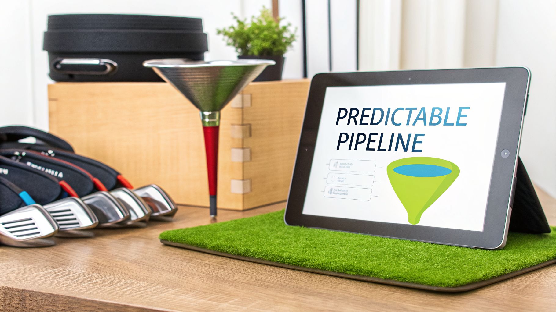 Tablet displays 'PREDICTABLE PIPELINE' with a sales funnel graphic, golf clubs, and a golf mat on a desk.
