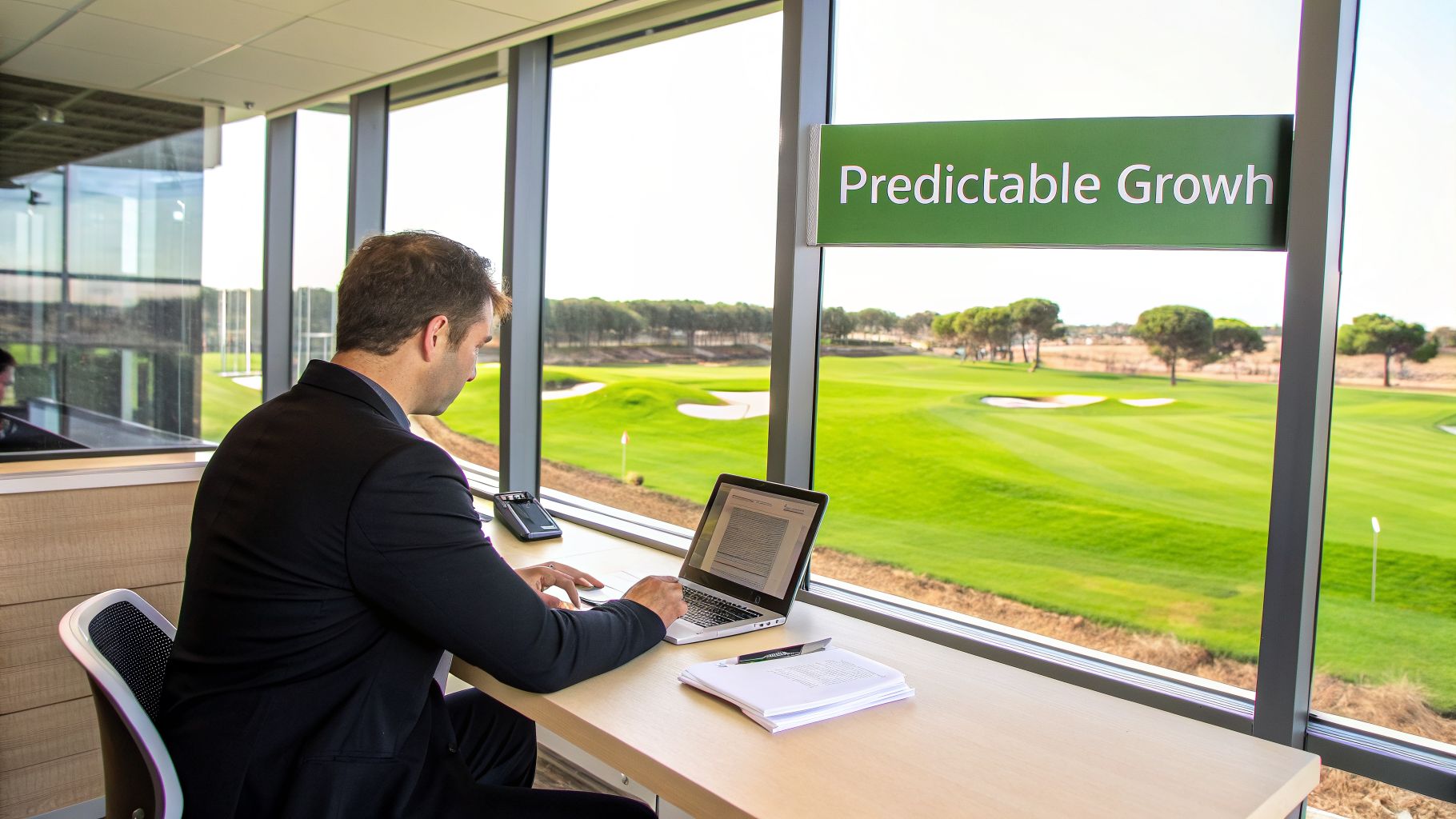 A businessman in a suit works on a laptop at a desk overlooking a beautiful golf course.