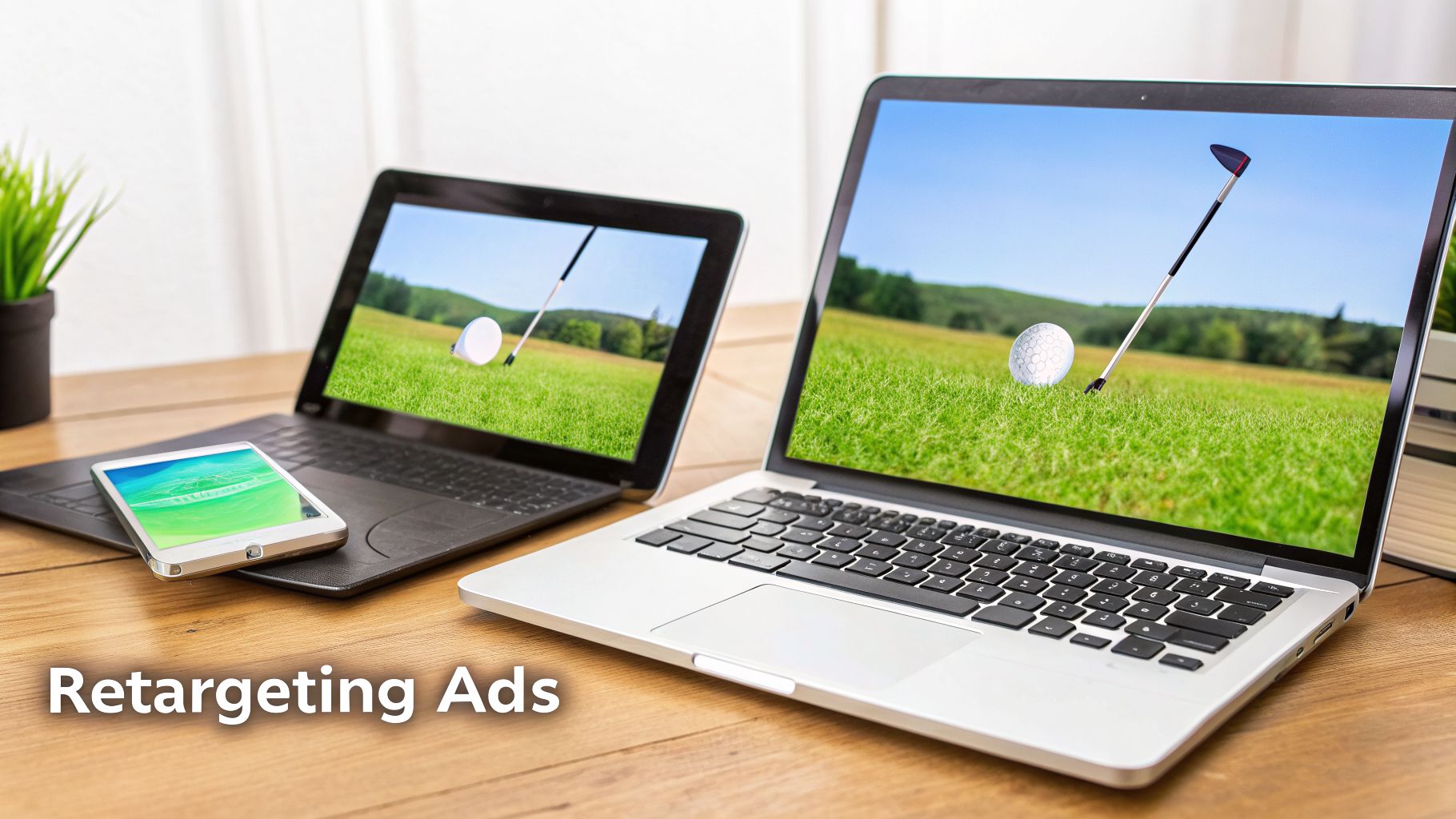 Laptops and a smartphone displaying golf course images with 'Retargeting Ads' text.