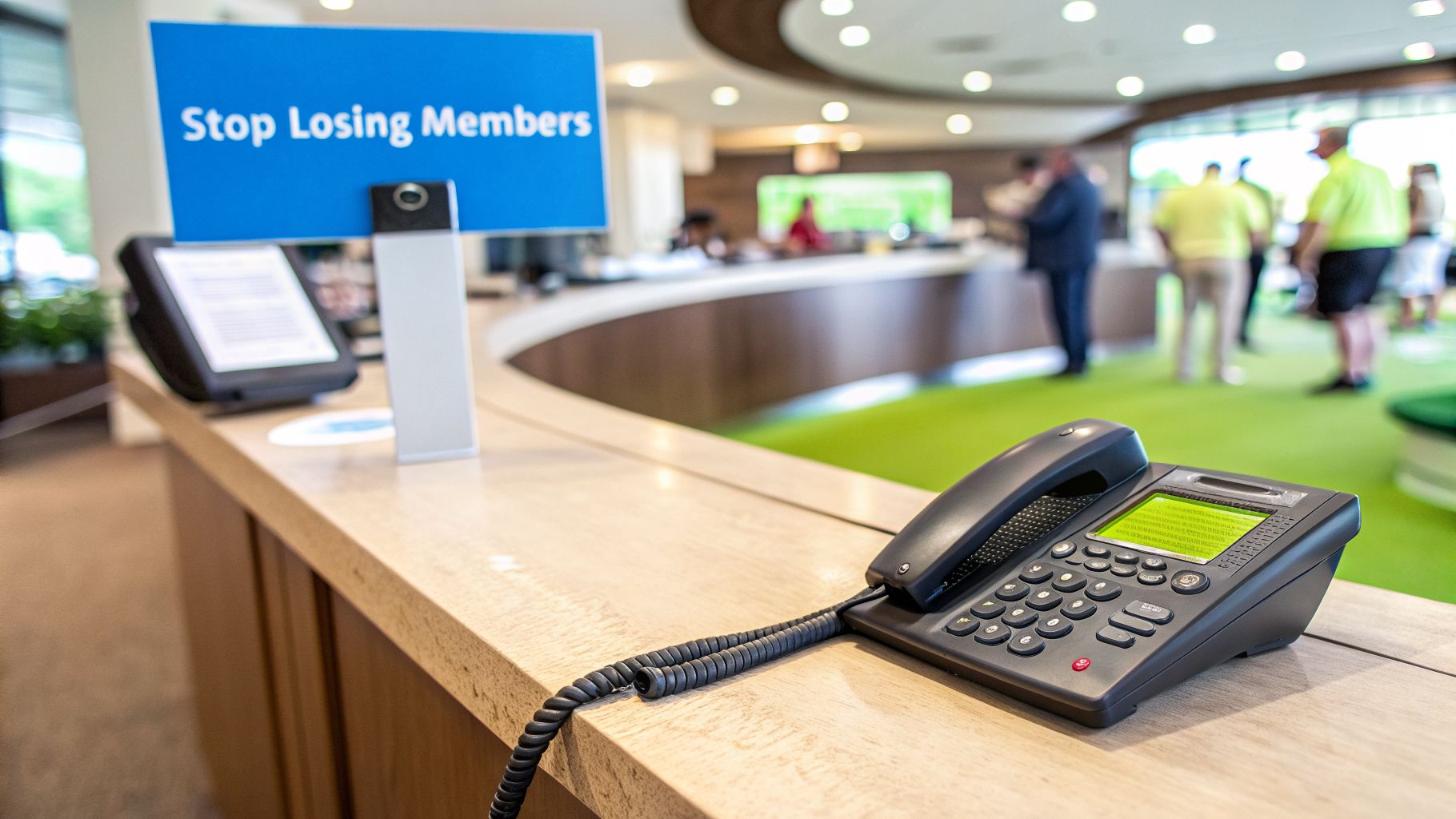 A reception counter with a desk phone, a tablet, and a blue sign reading 'Stop Losing Members'.