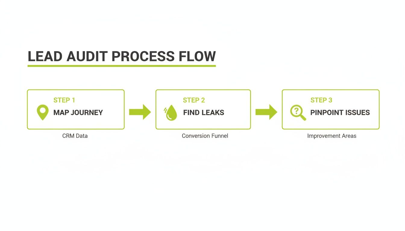 A three-step lead audit process flow diagram, showing mapping, finding leaks, and pinpointing issues.