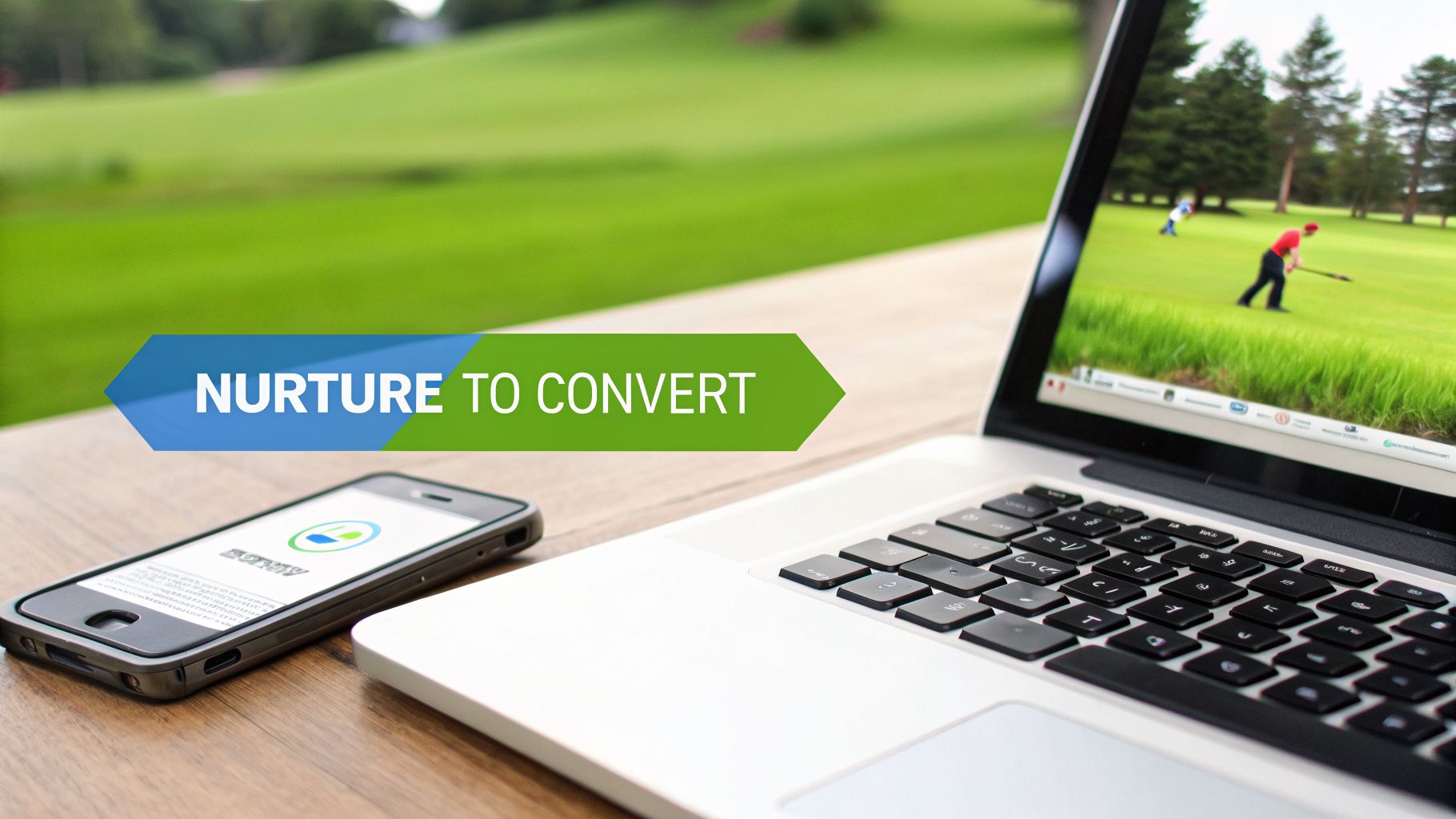 Laptop and smartphone on a table, showing a golf course, with a 'NURTURE TO CONVERT' banner.