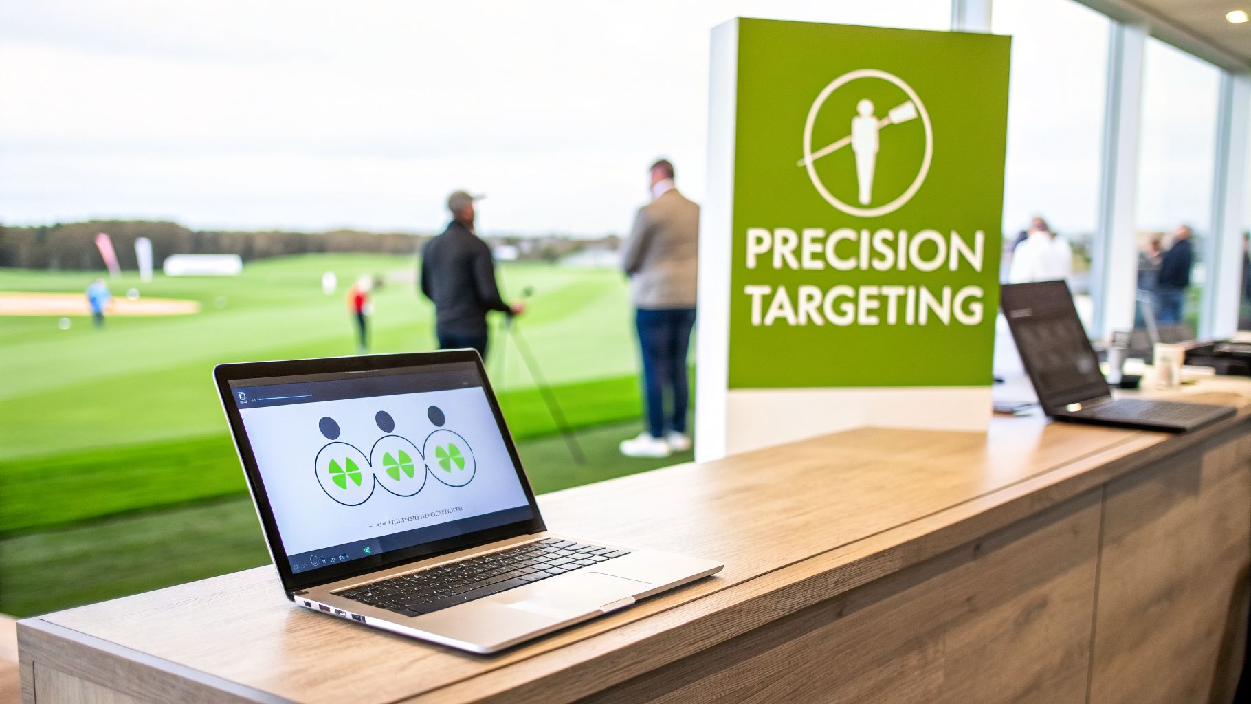 Laptops on a wooden counter display golf targeting software, with a golf course in the background.