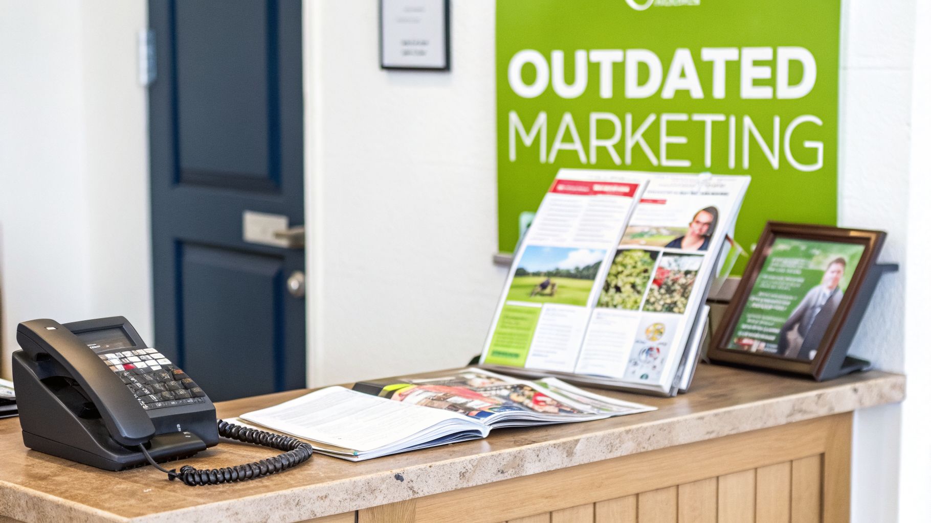 A reception desk with a black telephone, open magazines, flyers, and a green 'Outdated Marketing' sign.