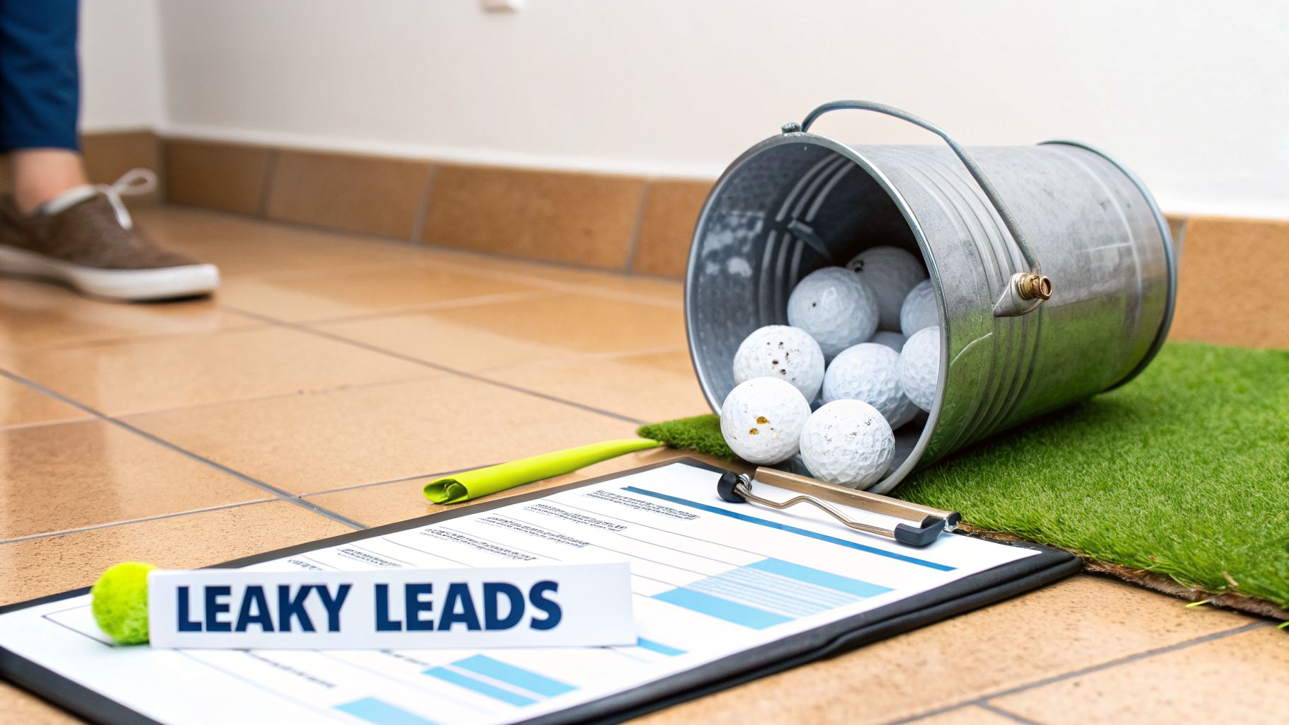 A leaky bucket with water spilling out, representing lost golf club membership enquiries.