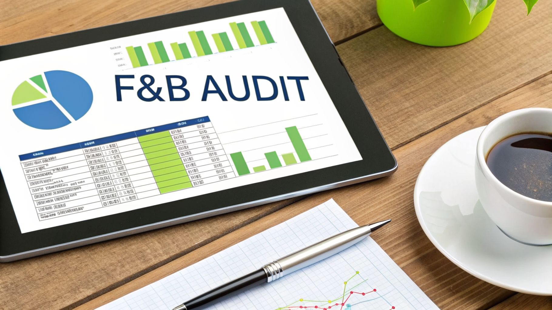 Tablet displaying F&B audit report with charts, alongside a coffee cup and pen on a wooden desk.