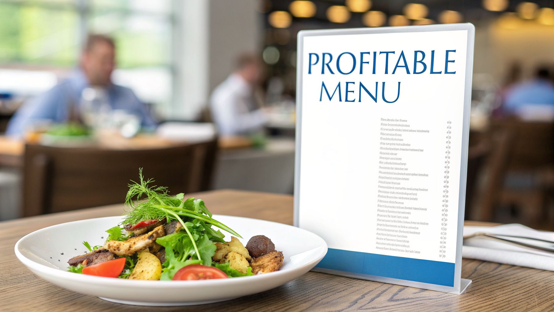 A fresh salad with chicken, potatoes, and tomatoes next to a 'PROFITABLE MENU' sign in a restaurant.