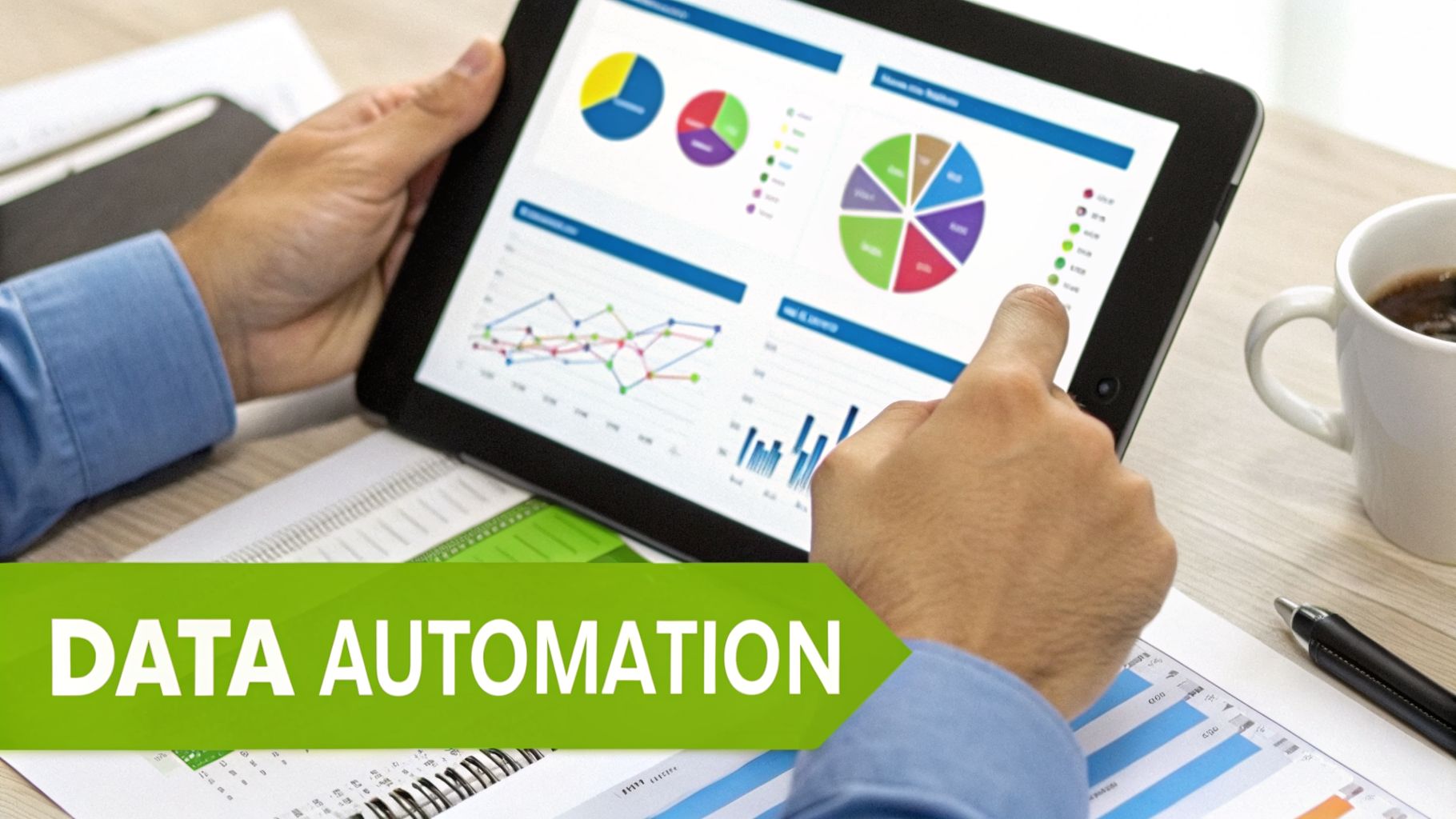 A person's hands using a tablet to analyze business data visualizations like charts and graphs, featuring 'DATA AUTOMATION'.
