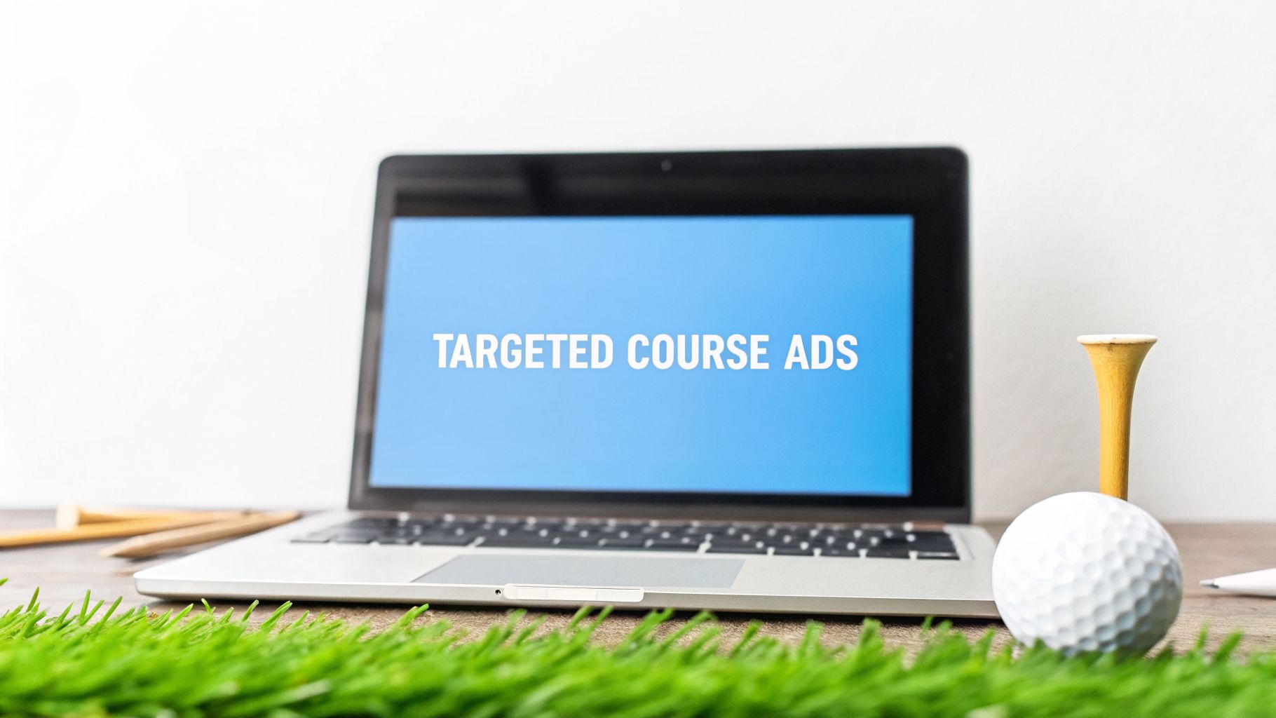A laptop displays 'Targeted Course Ads' with a golf ball, tee, and artificial grass on a wooden desk, symbolizing digital golf marketing.