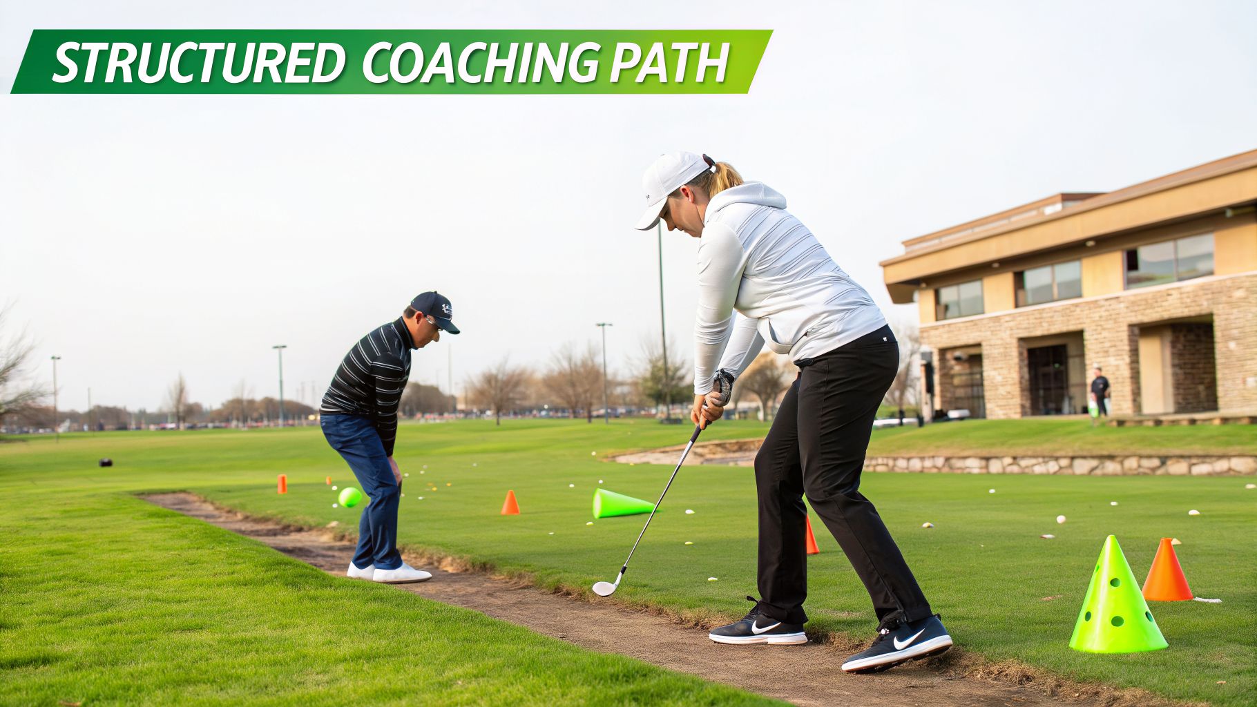 A female golfer takes a swing during a coaching session on a sunny golf course.