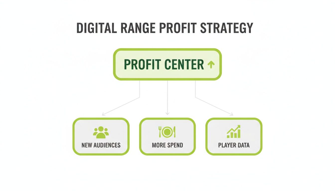 A diagram illustrating a digital range profit strategy with Profit Center leading to new audiences, more spend, and player data.