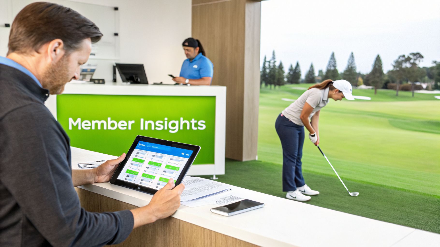 Man reviews golf performance data on a tablet while a woman practices at a modern driving range.