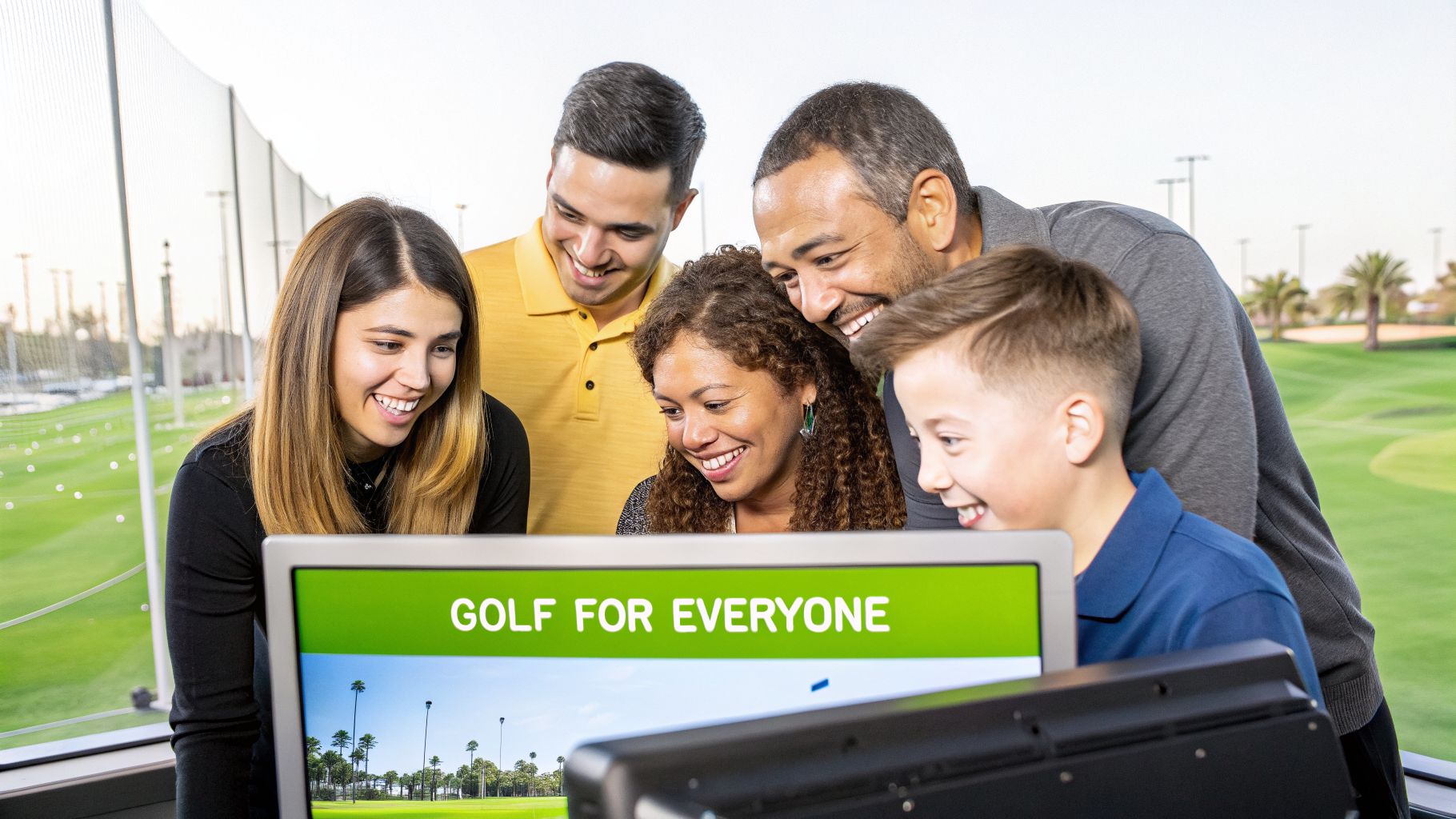 A diverse family smiles while looking at a screen displaying "GOLF FOR EVERYONE" at a digital driving range.