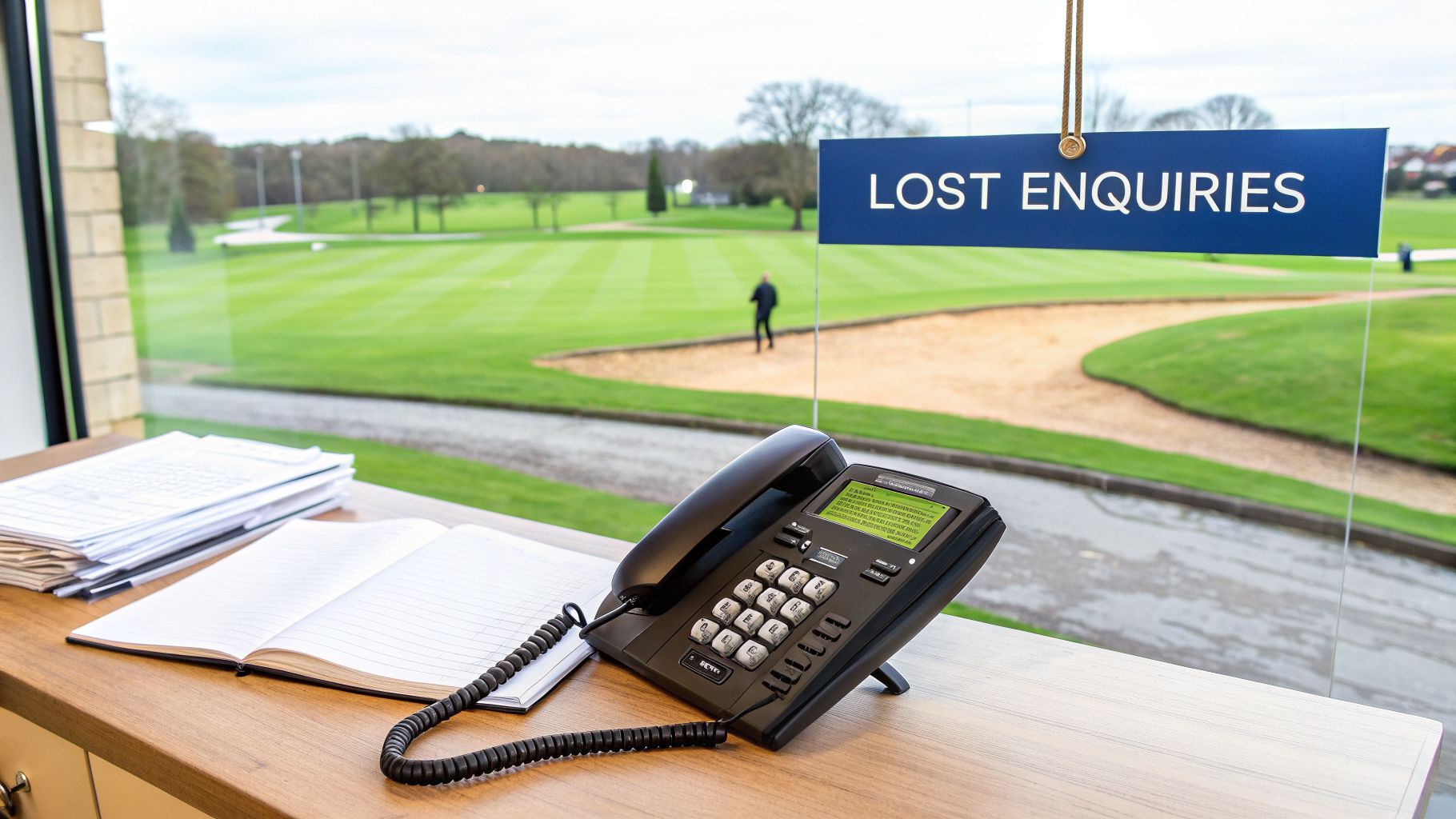 A desk with a phone, papers, and 'LOST ENQUIRIES' sign overlooks a golf course.