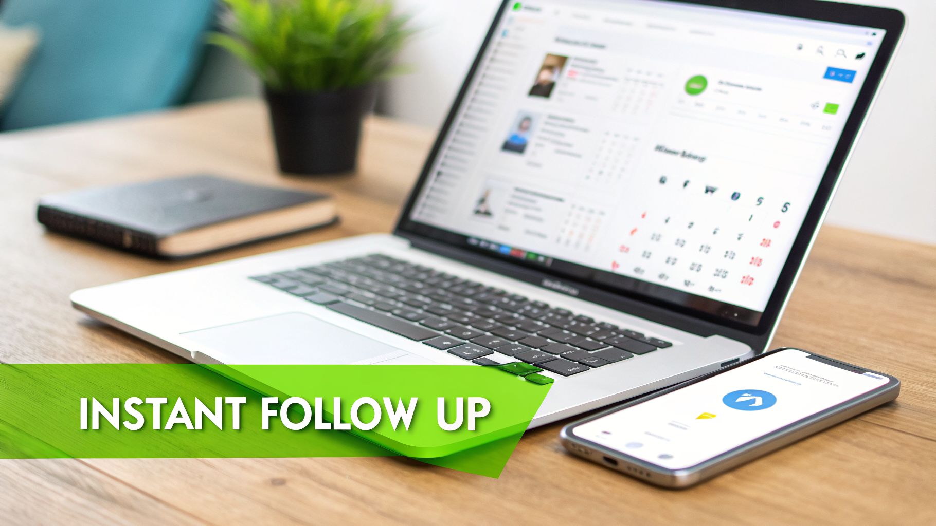 Laptop and smartphone on a wooden desk with a digital calendar and 'Instant Follow Up' text.