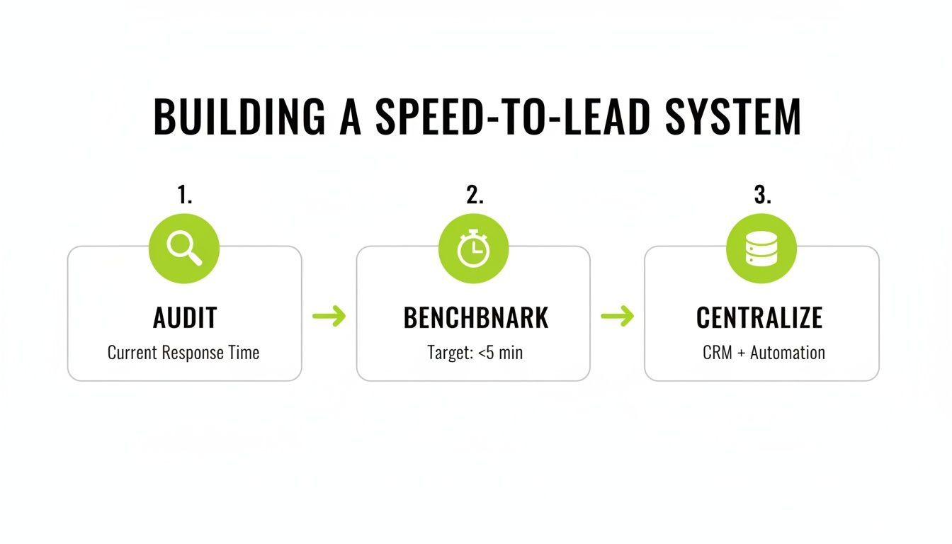A three-step diagram outlining how to build a speed-to-lead system: audit, benchmark, and centralize.