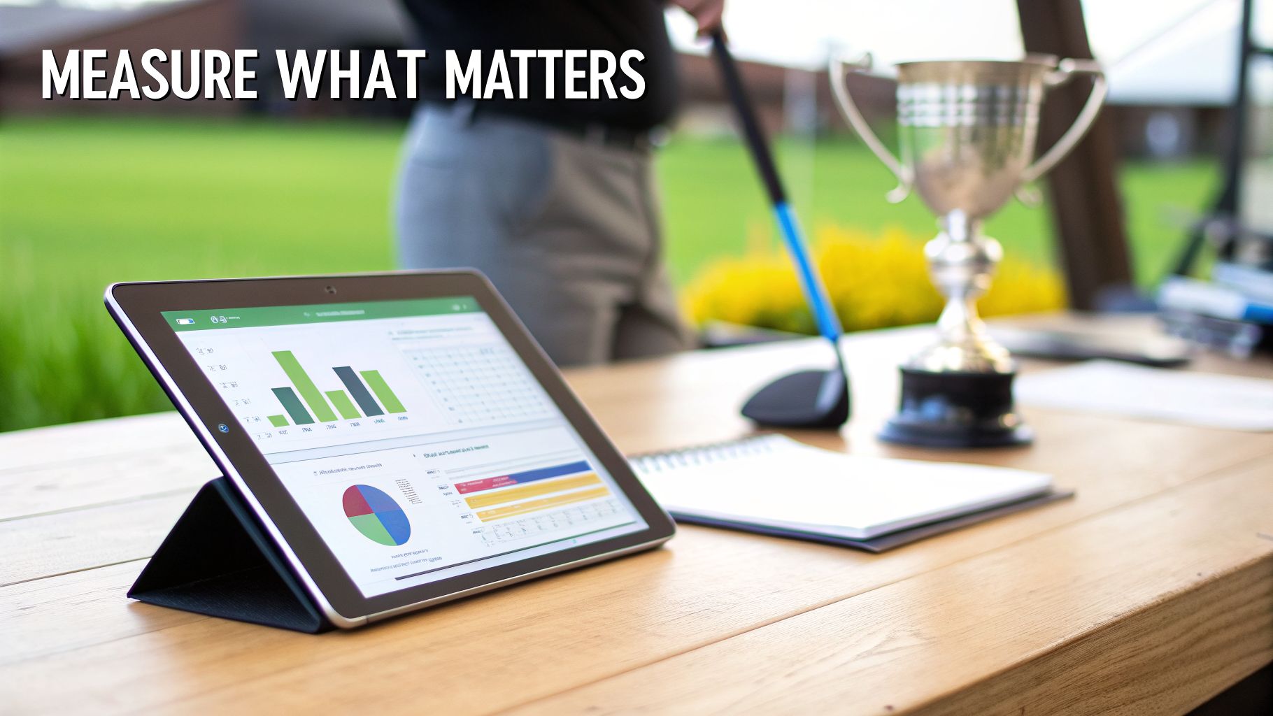A tablet displays business charts and graphs on a golf course table, with a trophy and club.