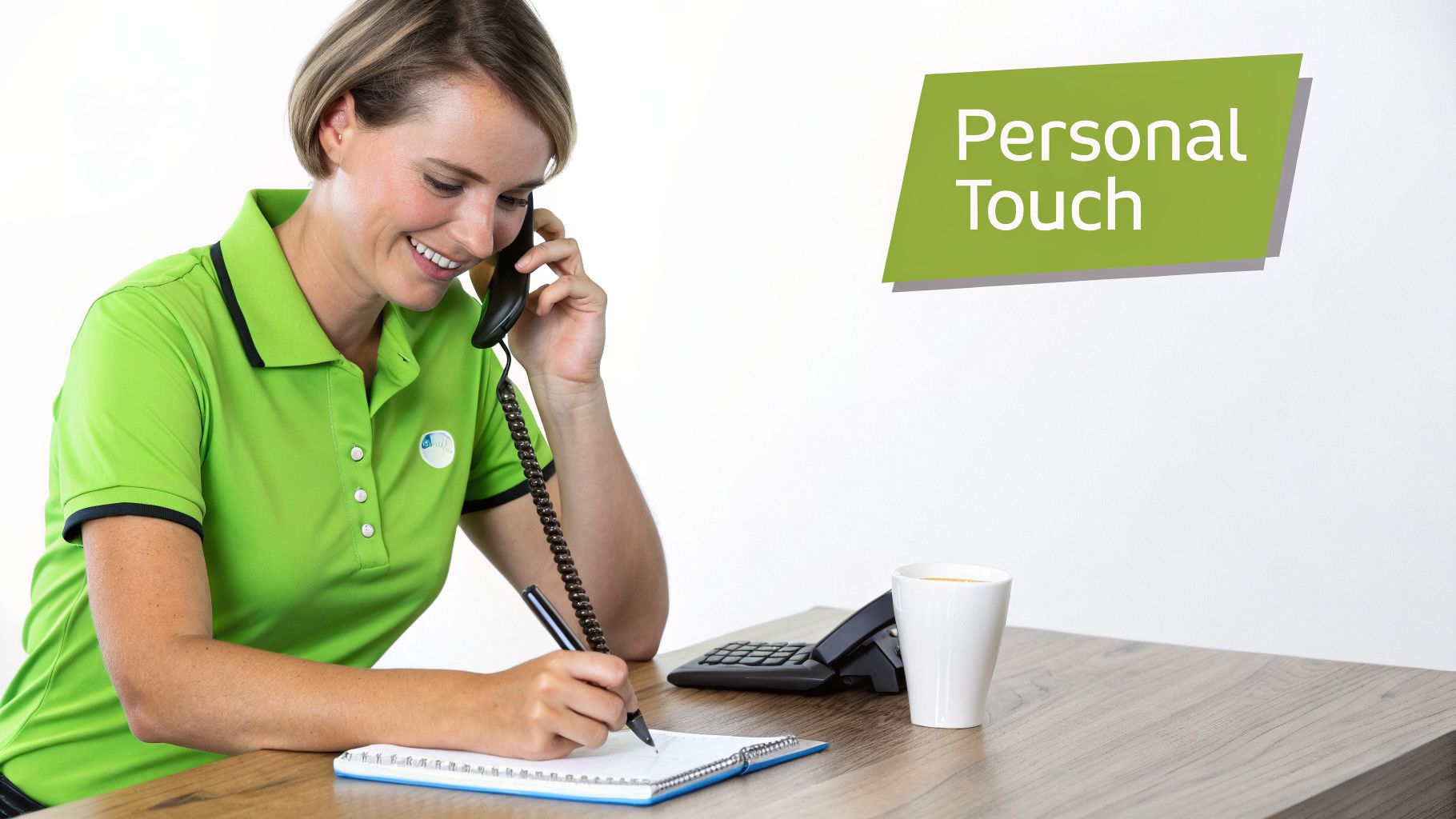 A smiling woman in a green polo shirt talks on the phone and writes, providing personal customer service.
