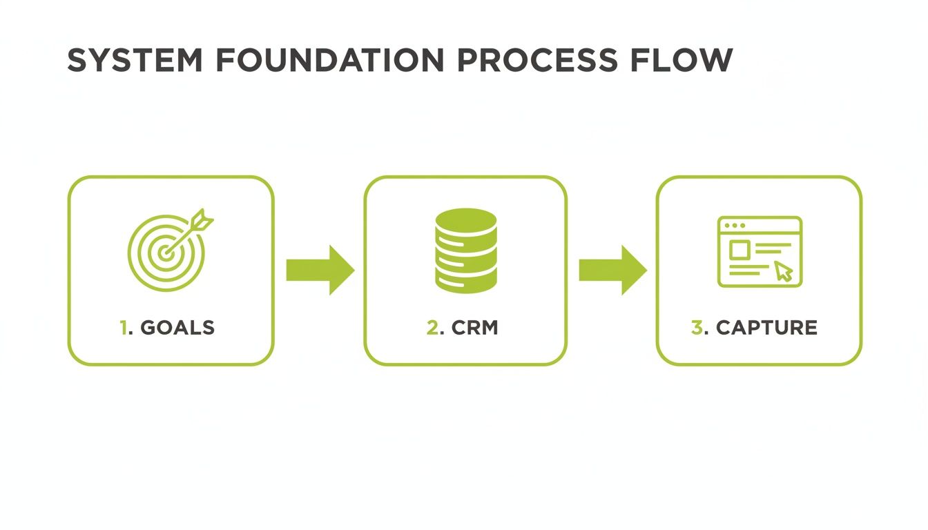 A green and white diagram illustrating a three-step system foundation process flow: Goals, CRM, and Capture.