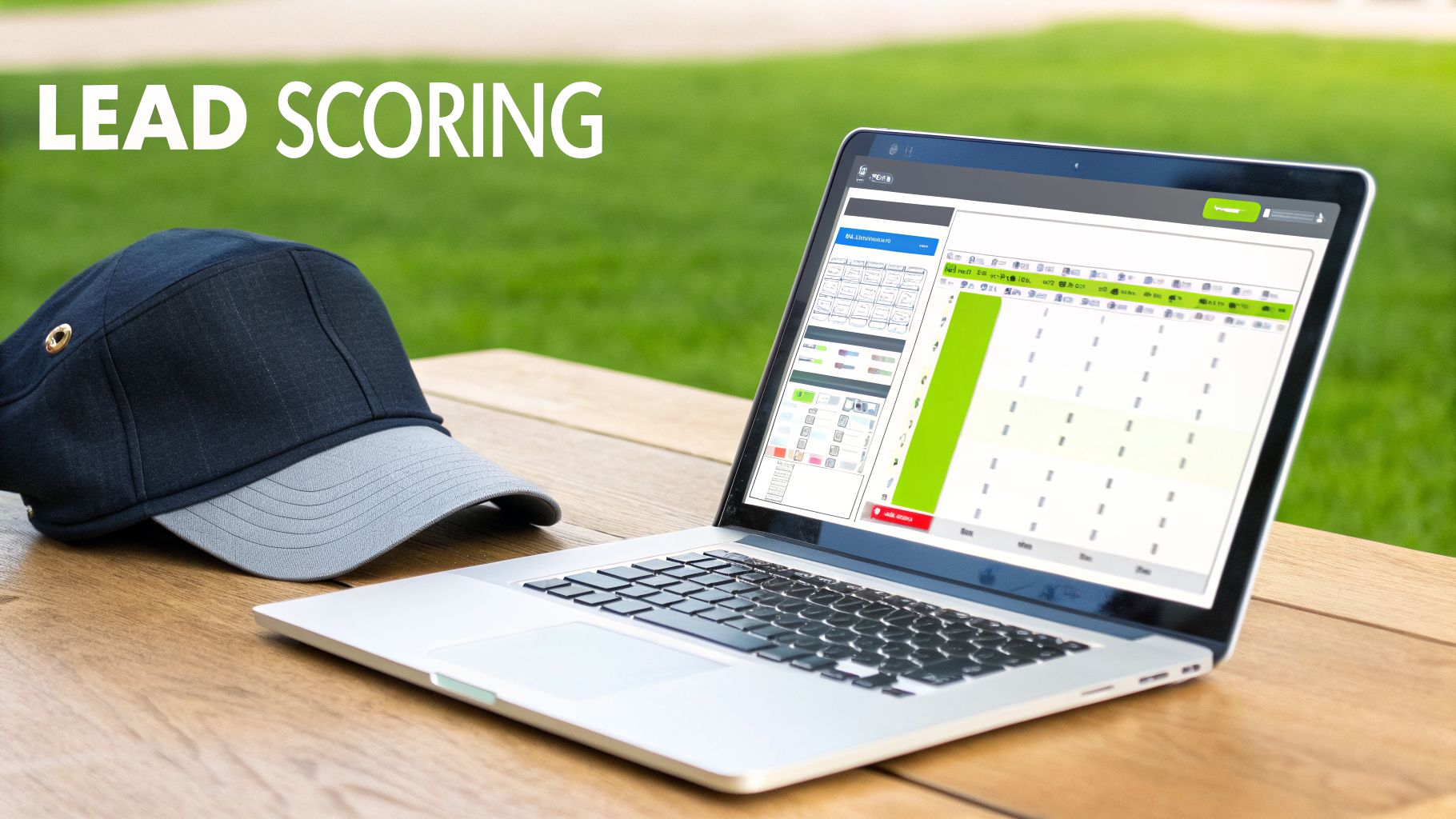 Laptop displaying a lead scoring application with a cap on a wooden table outdoors.