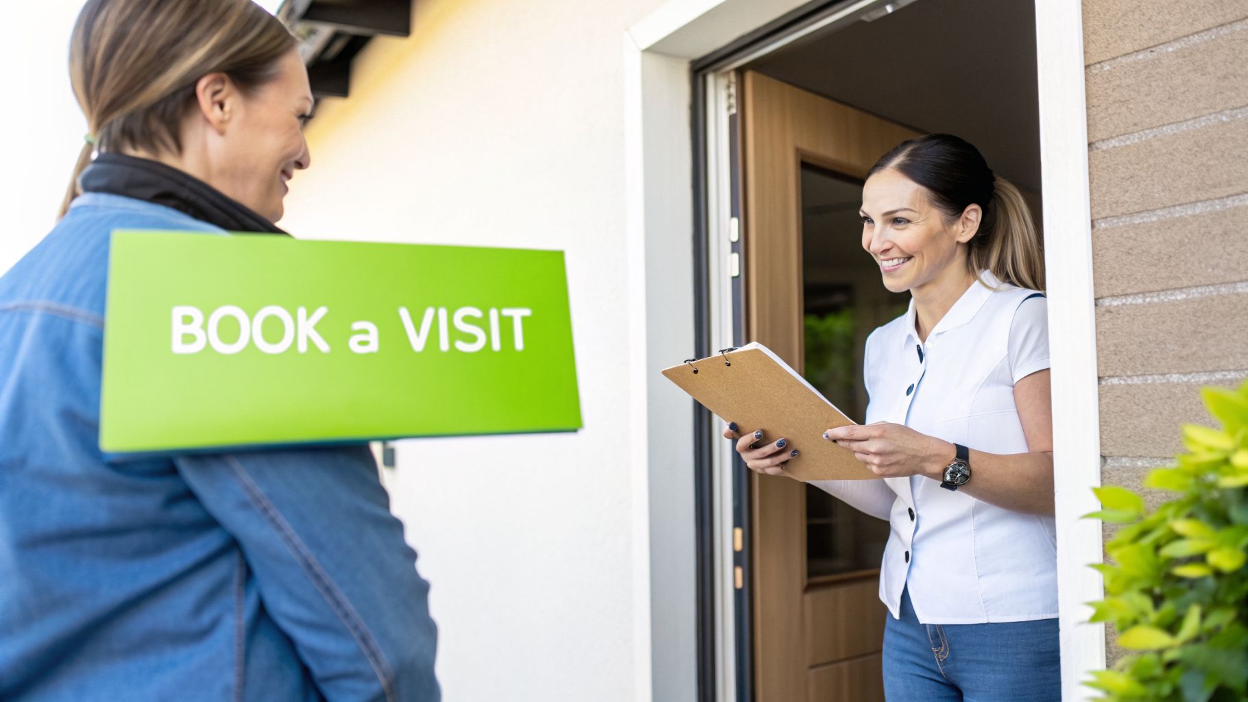 A woman with a 'BOOK a VISIT' sign talks to a smiling professional at a doorstep.