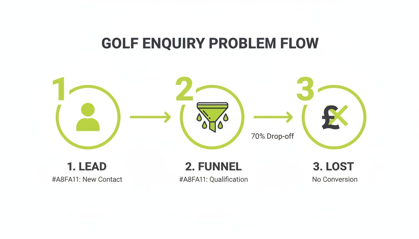A golf enquiry problem flow infographic showing lead, funnel with 70% drop-off, and lost stages.