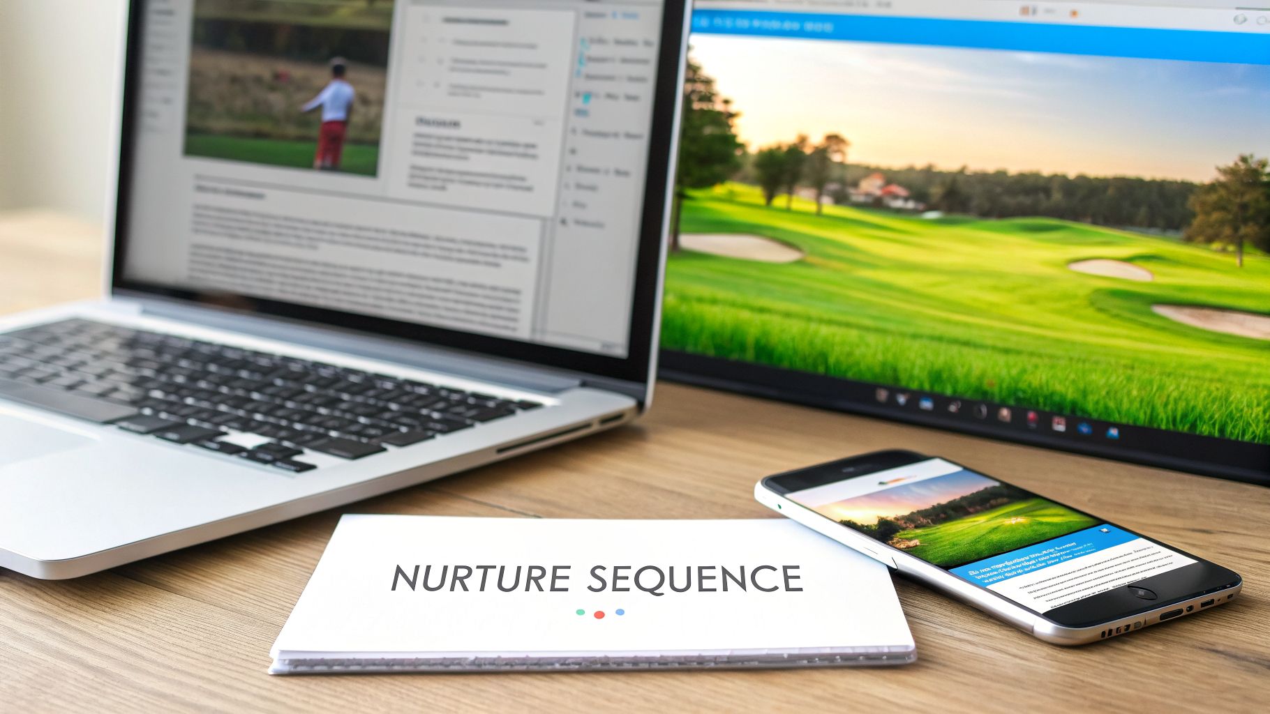 Digital marketing setup with laptop, monitor, smartphone displaying golf courses, and a 'NURTURE SEQUENCE' document.
