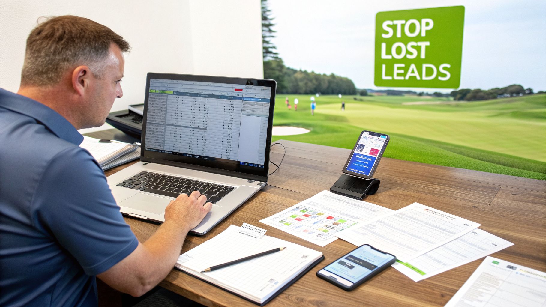 Man working on a laptop at a desk with a golf course background and 'STOP LOST LEADS' sign.
