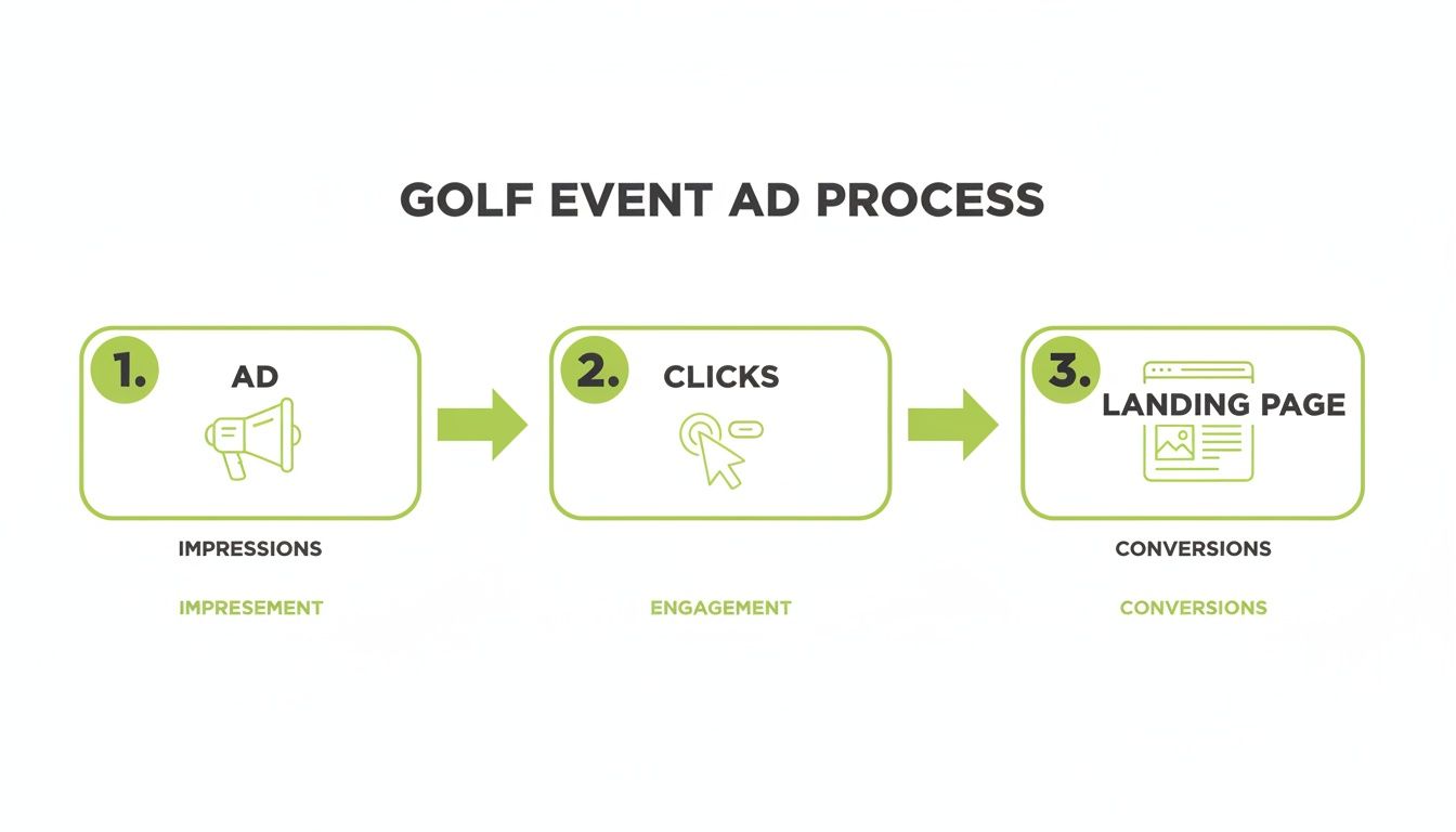 Diagram illustrating the three-step golf event ad process: Ad, Clicks, and Landing Page, leading to conversions.