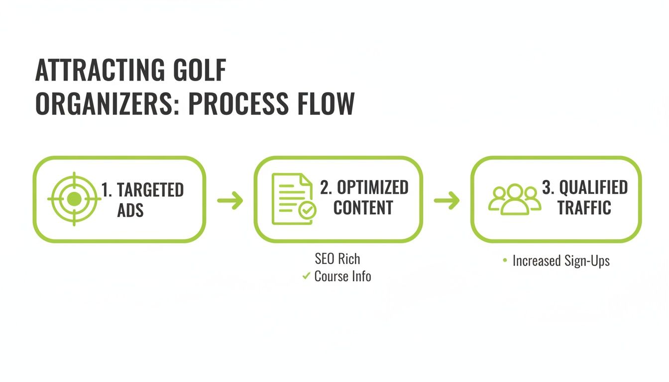 A process flow diagram detailing steps to attract golf organizers through targeted ads and optimized content for qualified traffic.