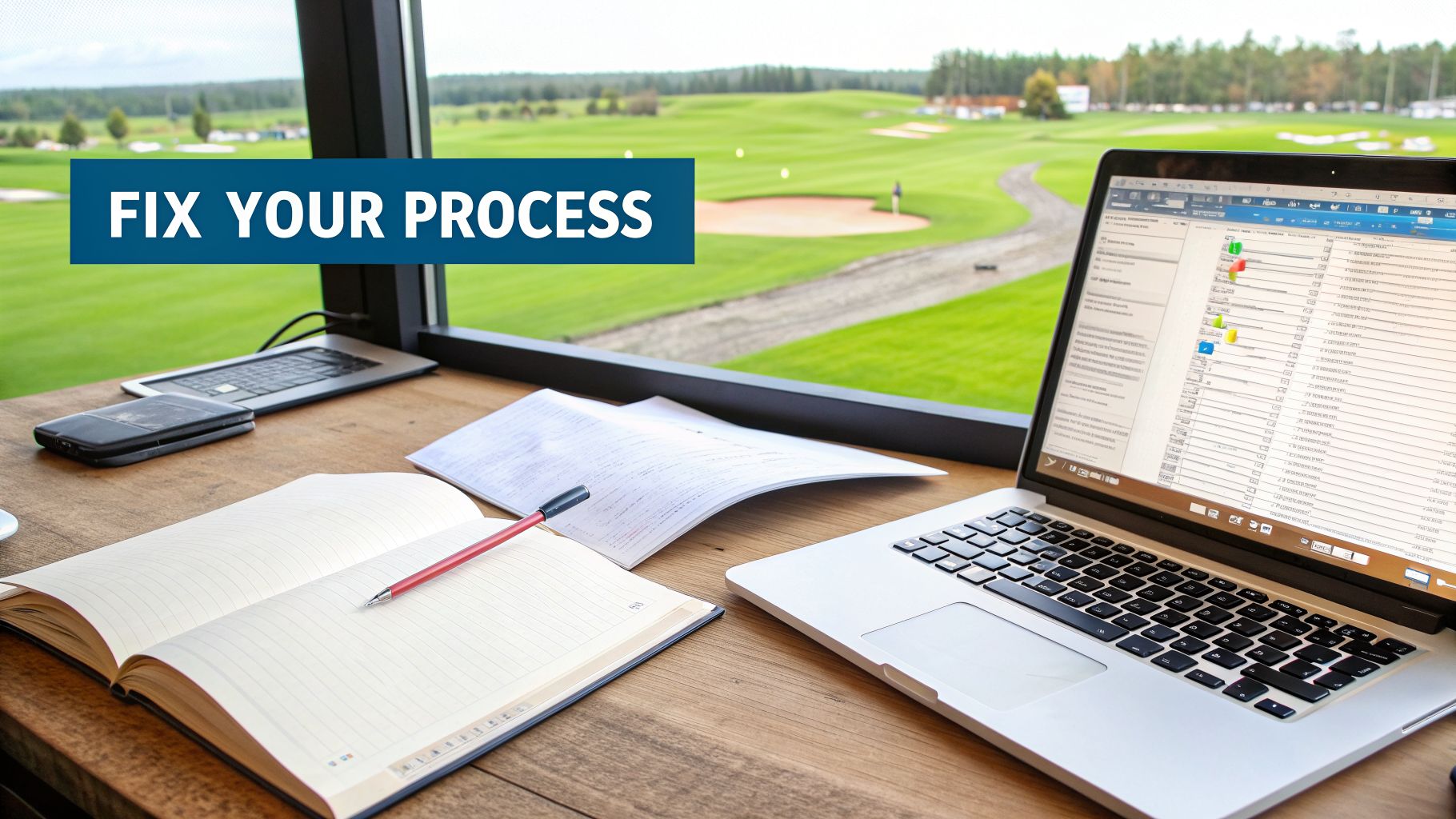 A desk with a laptop, notebook, and pen overlooking a golf course, with a 'FIX YOUR PROCESS' banner.