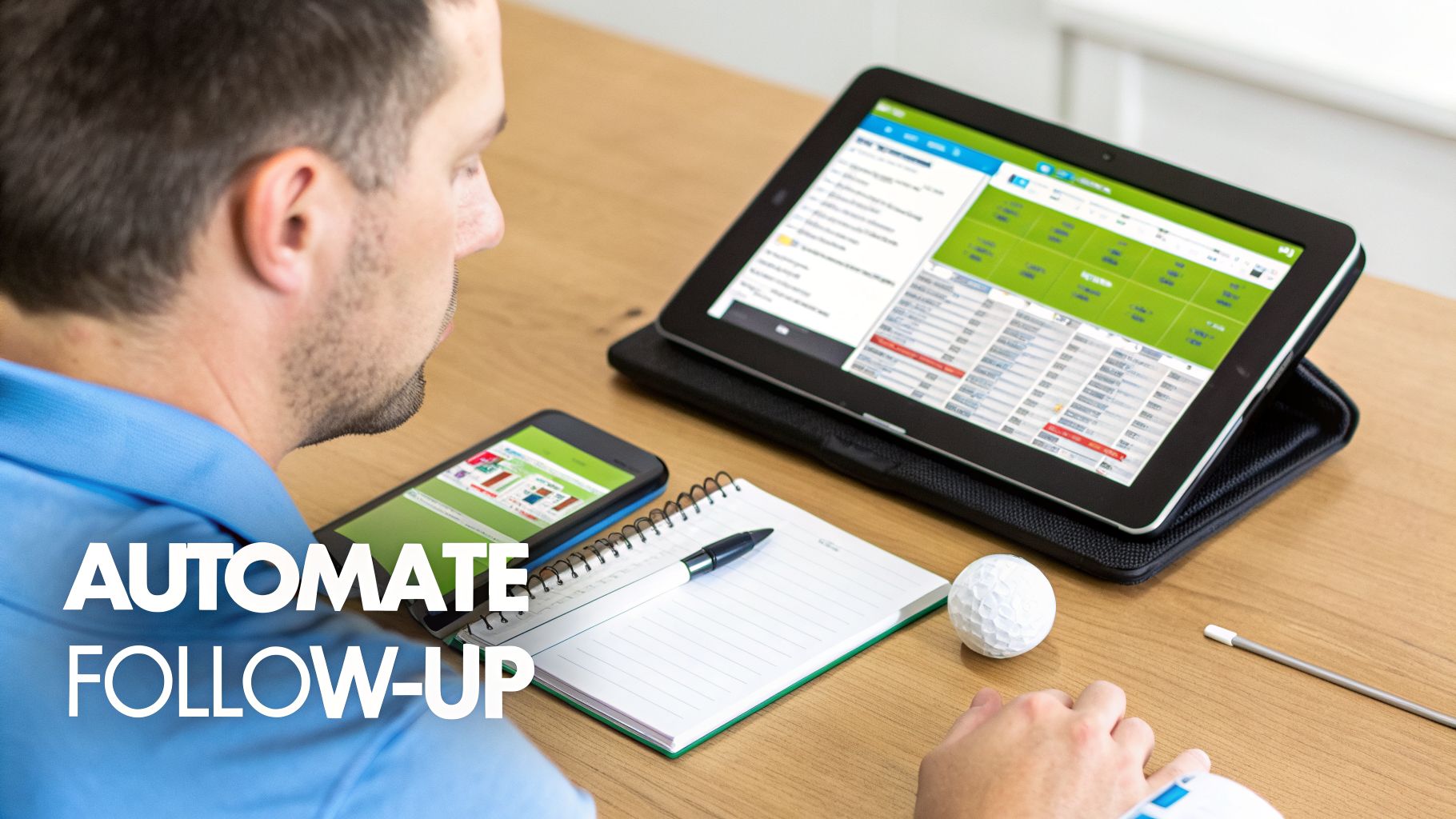 A man reviewing golf course management data on a tablet and smartphone, with a golf ball and notebook.