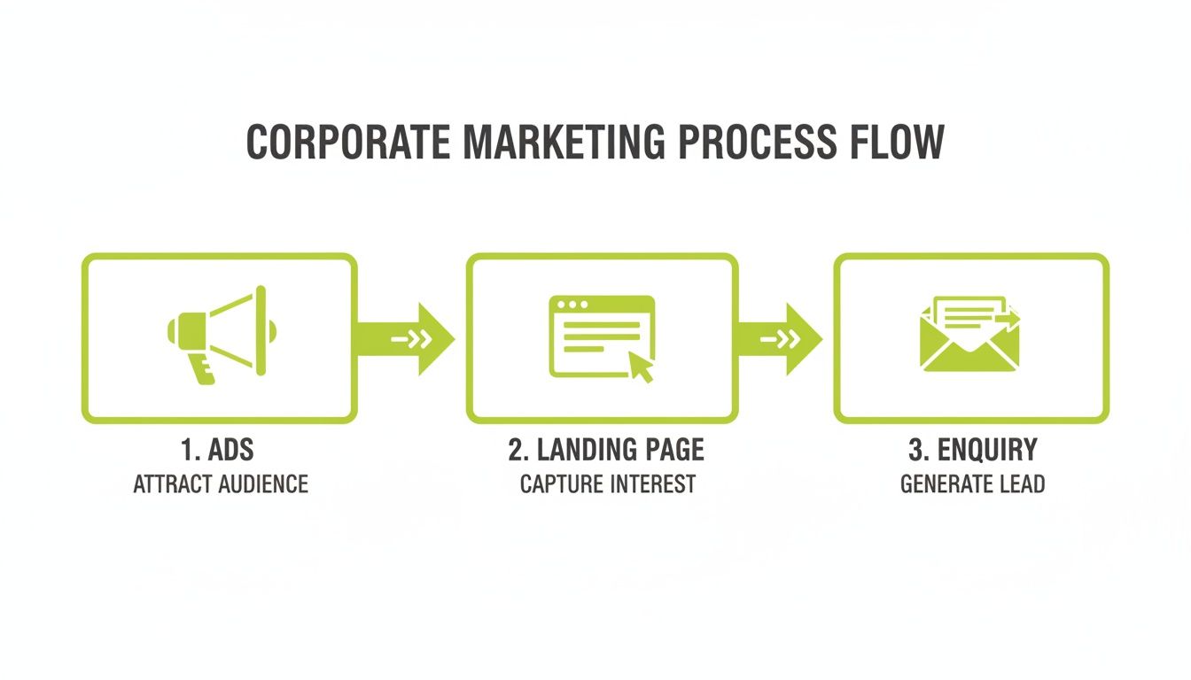 Flowchart illustrating corporate marketing process from ads and landing pages to lead generation through enquiries.