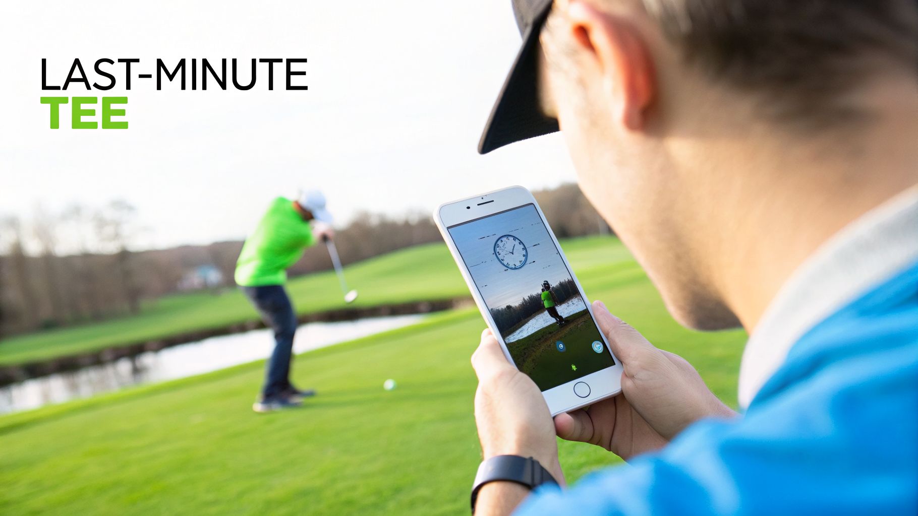 Person records a golfer on a green course with a smartphone displaying a clock and the player, alongside "LAST-MINUTE TEE" text.