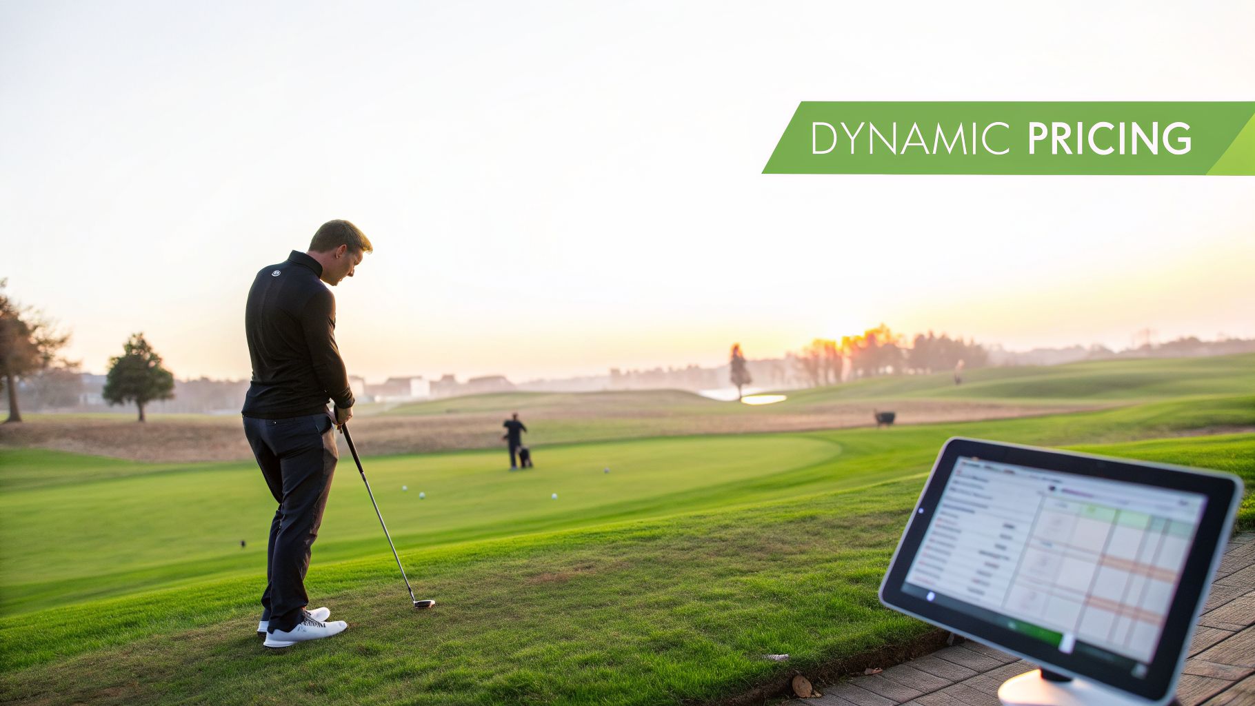 A golfer on a course at sunrise, with a tablet displaying data and a 'DYNAMIC PRICING' banner.