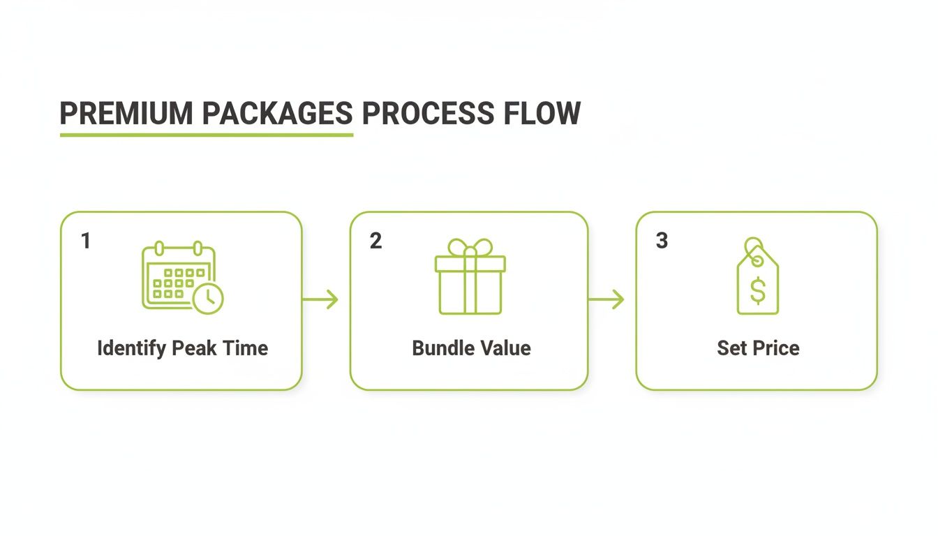 A three-step process flow for premium packages strategy: Identify Peak Time, Bundle Value, and Set Price.